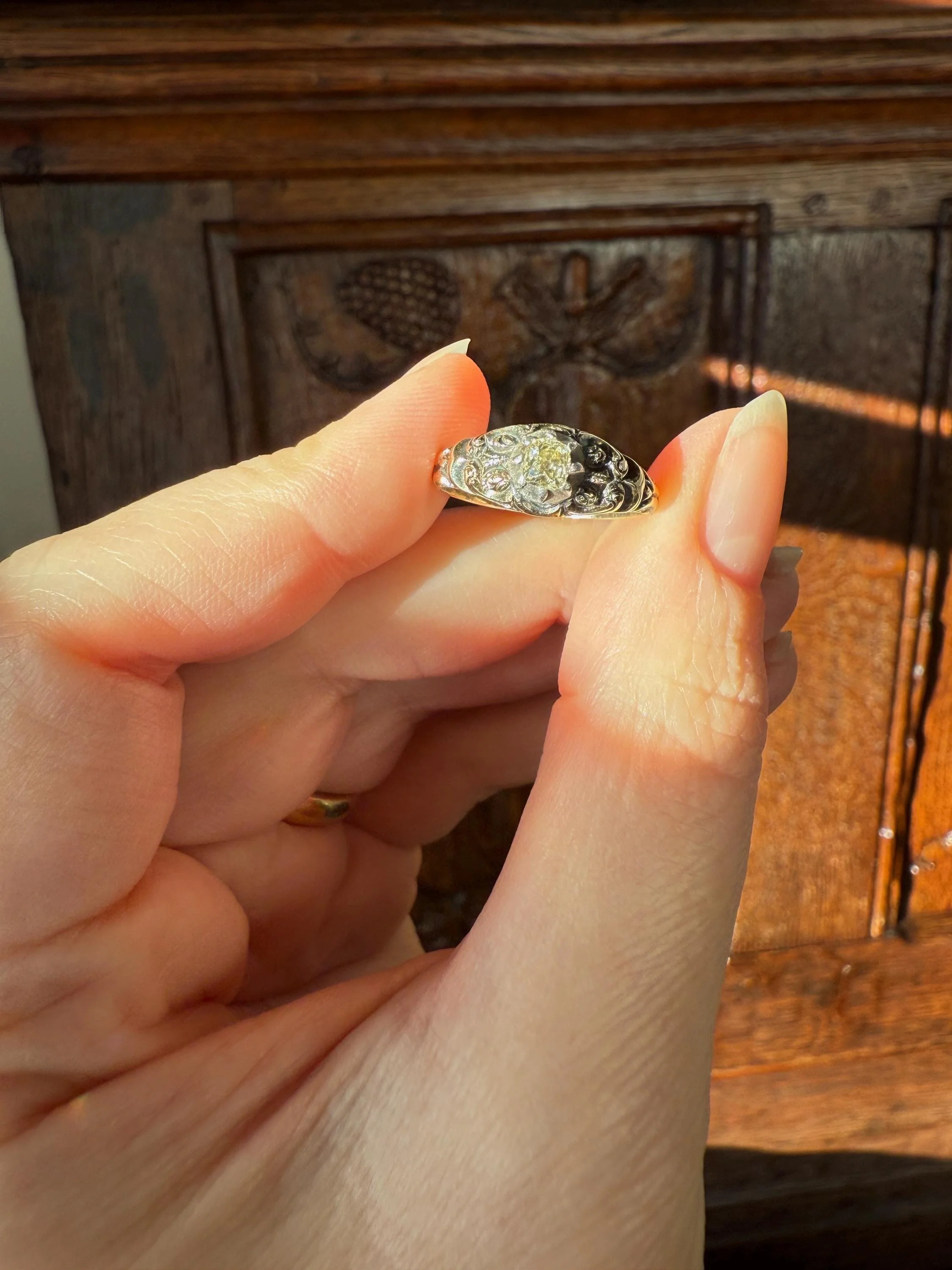 Antique Old Mine Cut DIAMOND Swirl Embossed Georgian ANTIQUE Ring Warm Pale Yellow Stone 14k Gold Silver Collet Band Stacker Solitaire Gift - Image 6