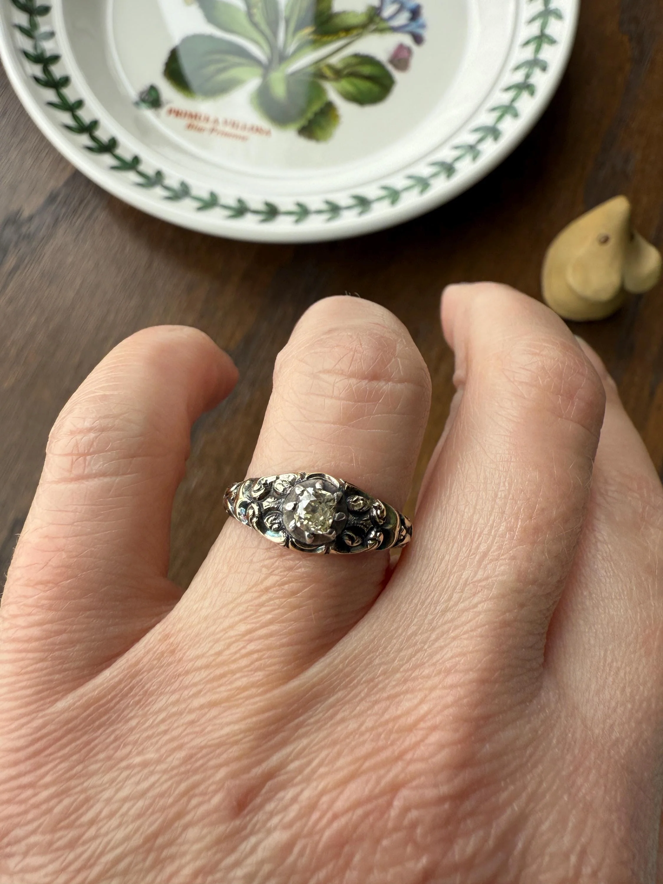 Antique Old Mine Cut DIAMOND Swirl Embossed Georgian ANTIQUE Ring Warm Pale Yellow Stone 14k Gold Silver Collet Band Stacker Solitaire Gift - Image 7