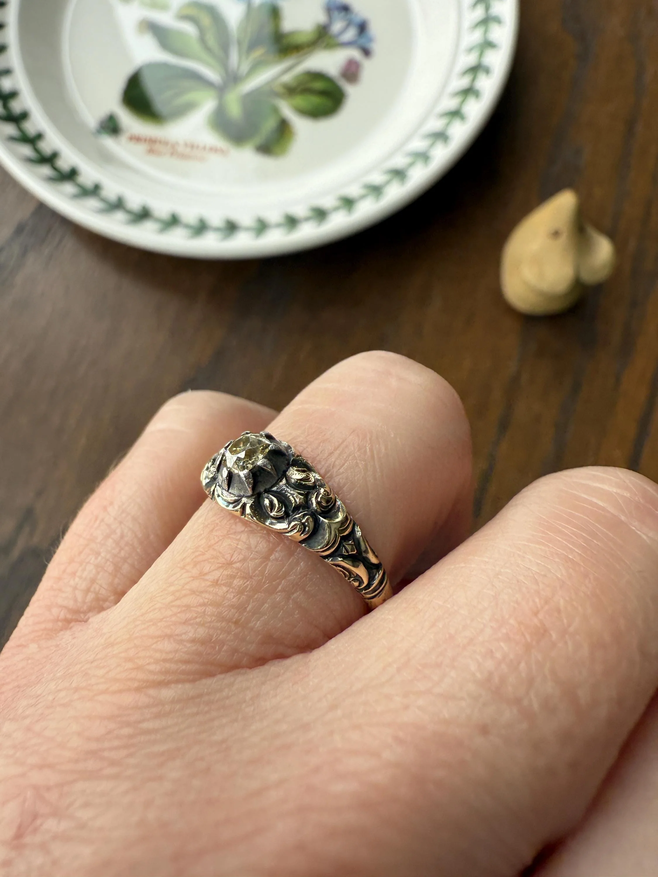 Antique Old Mine Cut DIAMOND Swirl Embossed Georgian ANTIQUE Ring Warm Pale Yellow Stone 14k Gold Silver Collet Band Stacker Solitaire Gift - Image 9