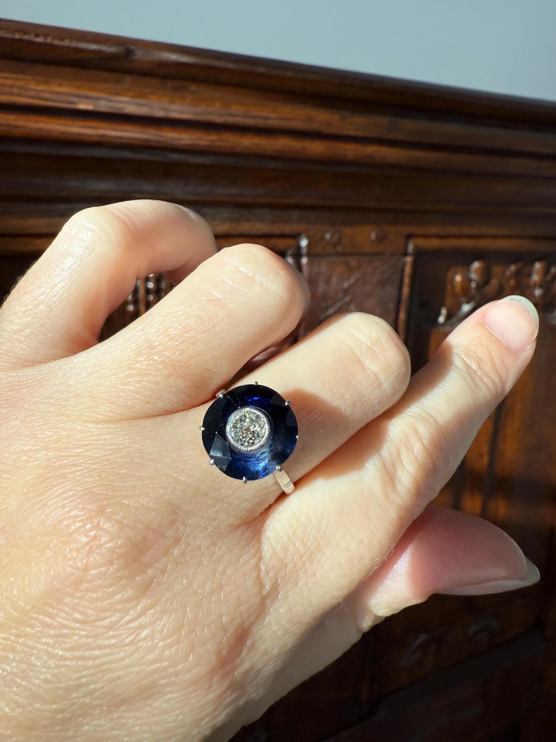 ANTIQUE Old Mine Cut Diamond & Tall Blue Sapphire Faceted HALO Ring French Platinum Edwardian Belle Epoque Stacker Bullseye Target Stacker - Image 10