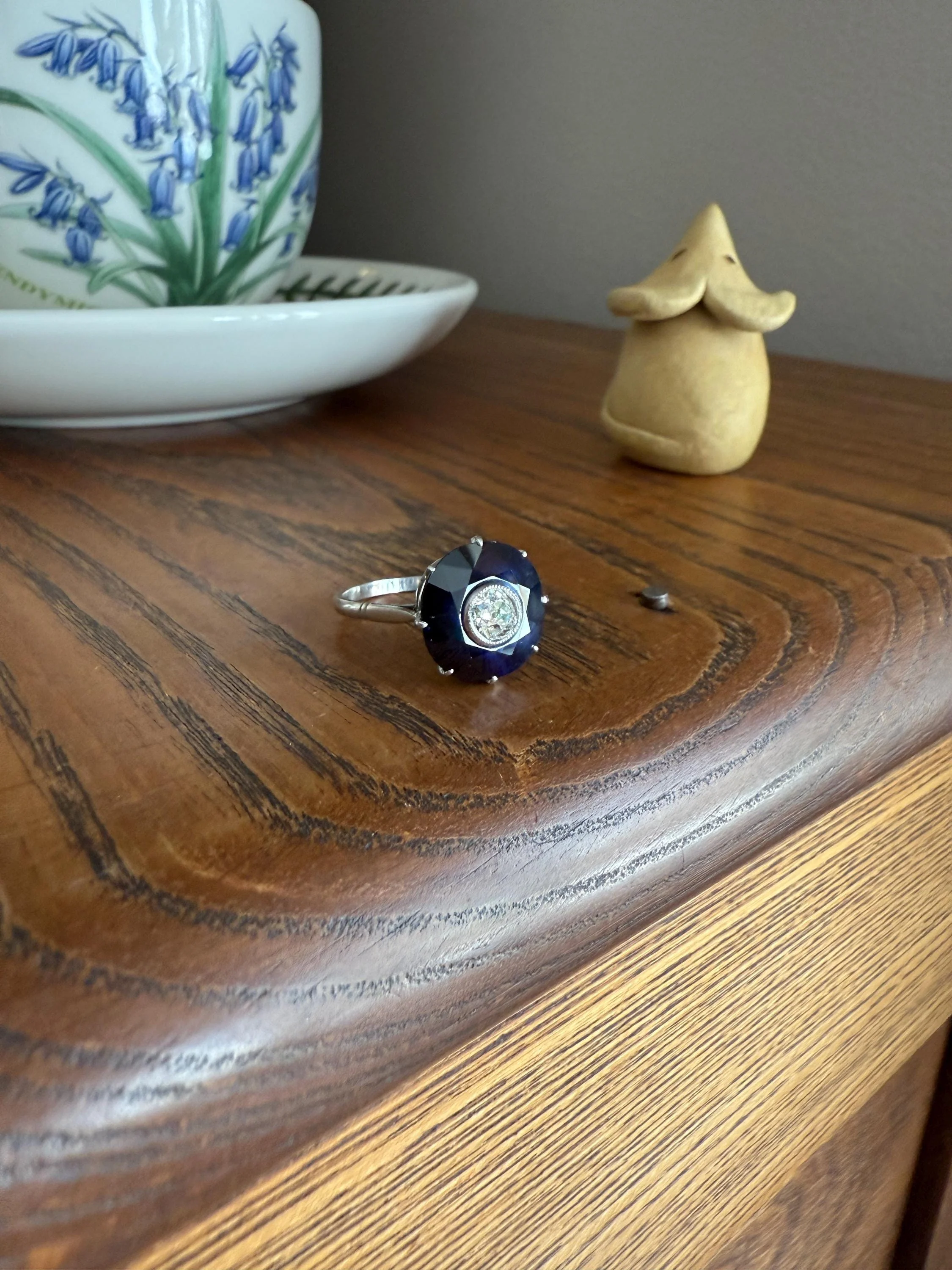 ANTIQUE Old Mine Cut Diamond & Tall Blue Sapphire Faceted HALO Ring French Platinum Edwardian Belle Epoque Stacker Bullseye Target Stacker - Image 11