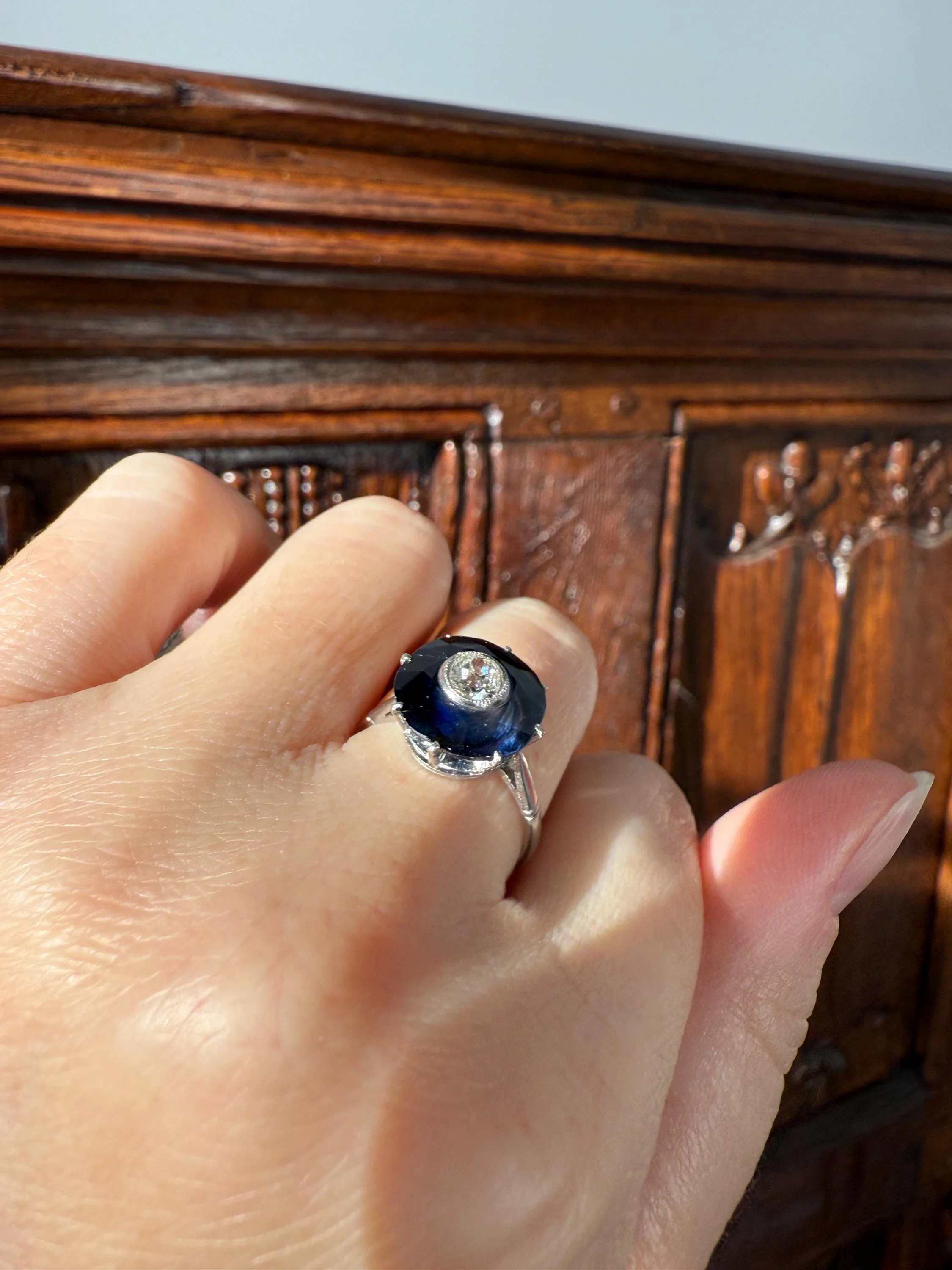 ANTIQUE Old Mine Cut Diamond & Tall Blue Sapphire Faceted HALO Ring French Platinum Edwardian Belle Epoque Stacker Bullseye Target Stacker - Image 12