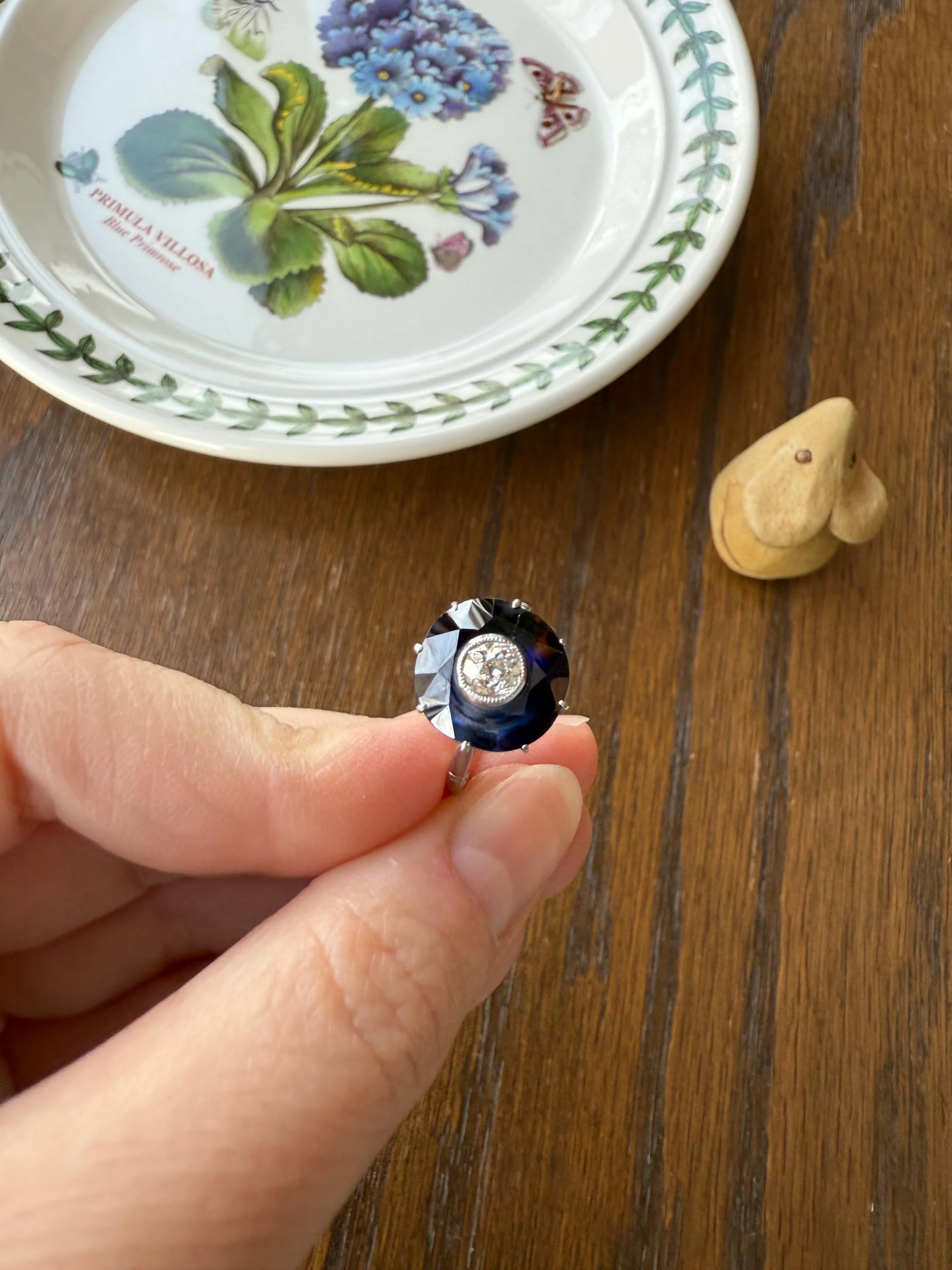 ANTIQUE Old Mine Cut Diamond & Tall Blue Sapphire Faceted HALO Ring French Platinum Edwardian Belle Epoque Stacker Bullseye Target Stacker - Image 13