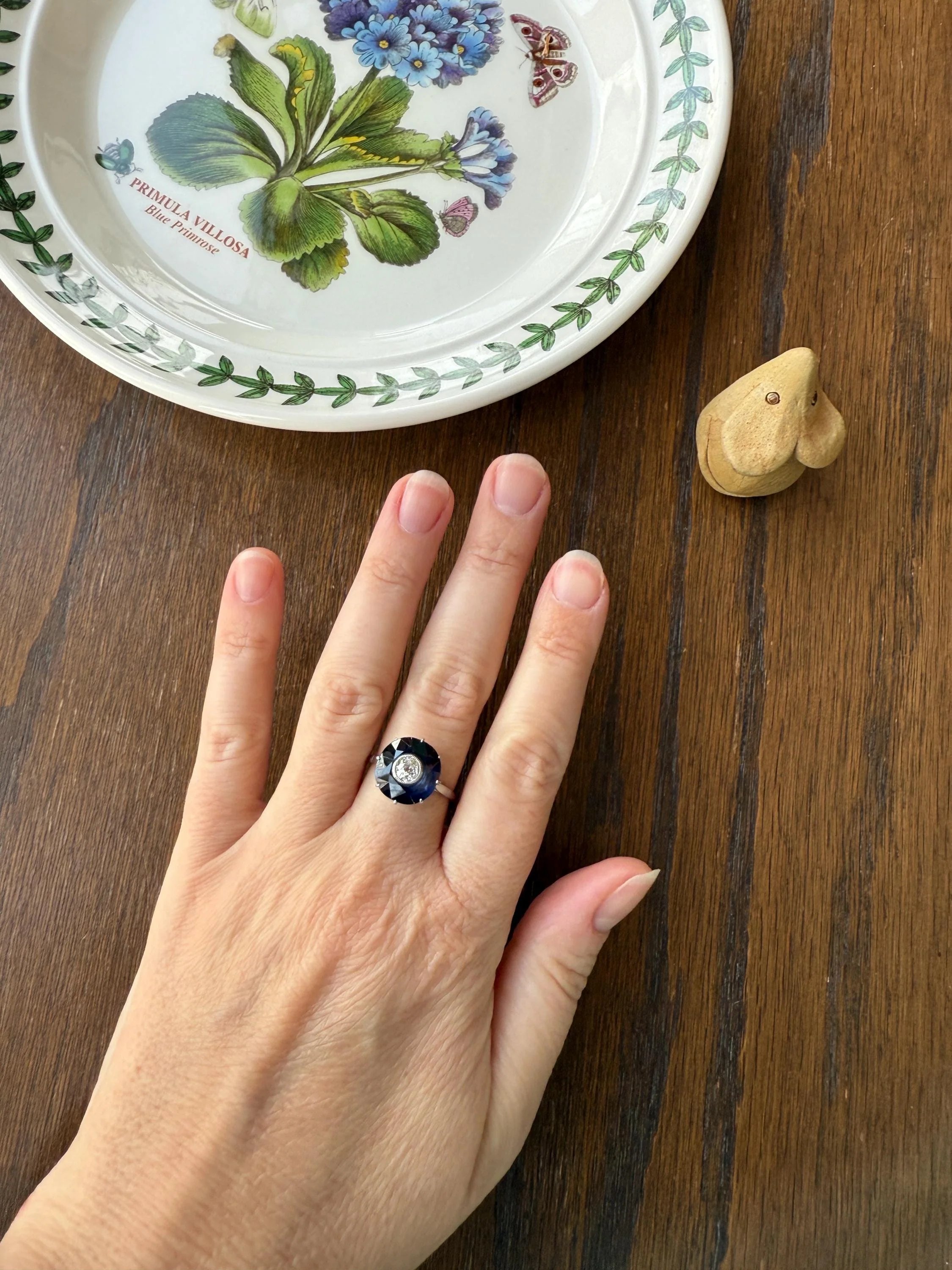 ANTIQUE Old Mine Cut Diamond & Tall Blue Sapphire Faceted HALO Ring French Platinum Edwardian Belle Epoque Stacker Bullseye Target Stacker - Image 14