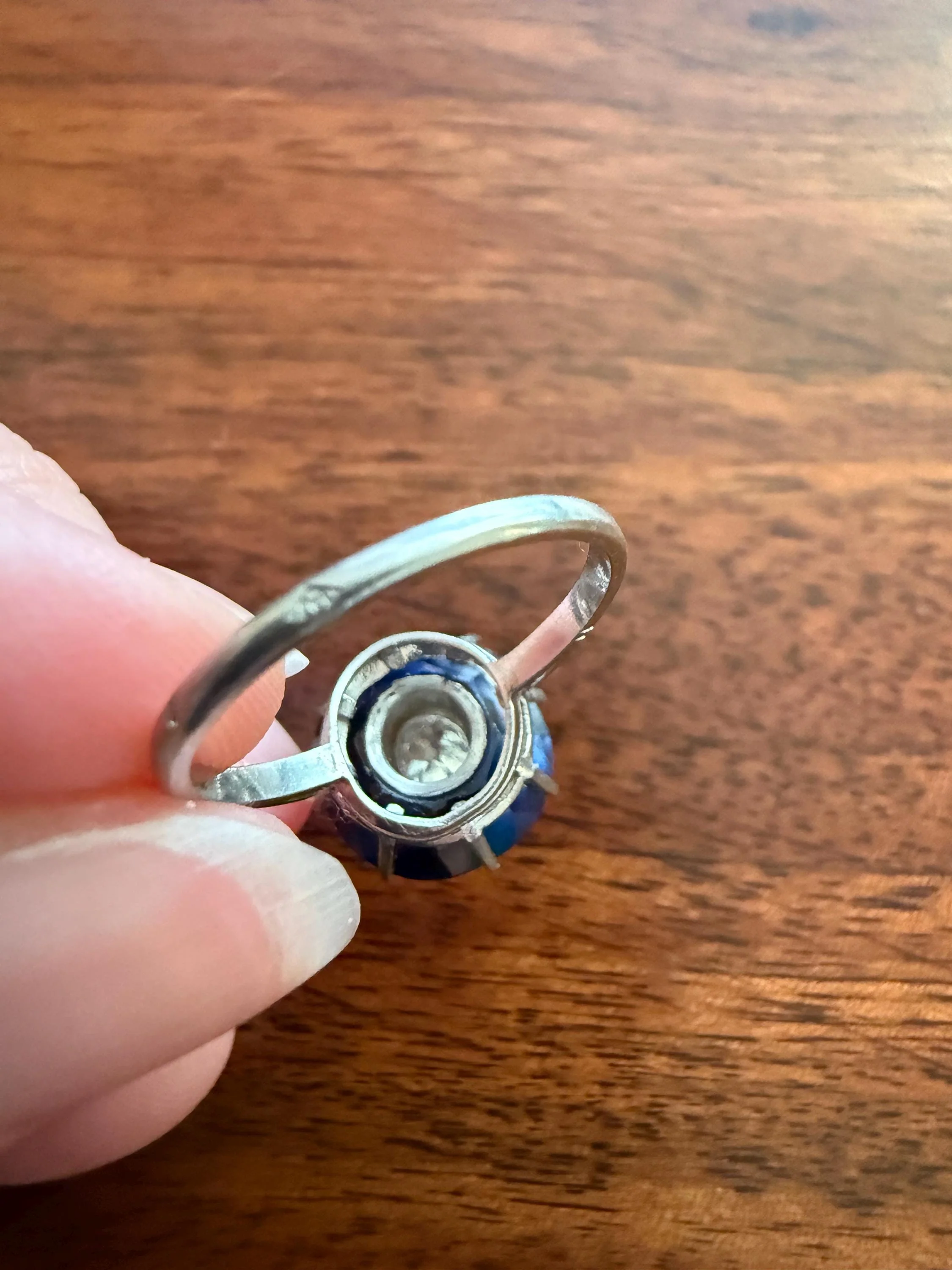 ANTIQUE Old Mine Cut Diamond & Tall Blue Sapphire Faceted HALO Ring French Platinum Edwardian Belle Epoque Stacker Bullseye Target Stacker - Image 17