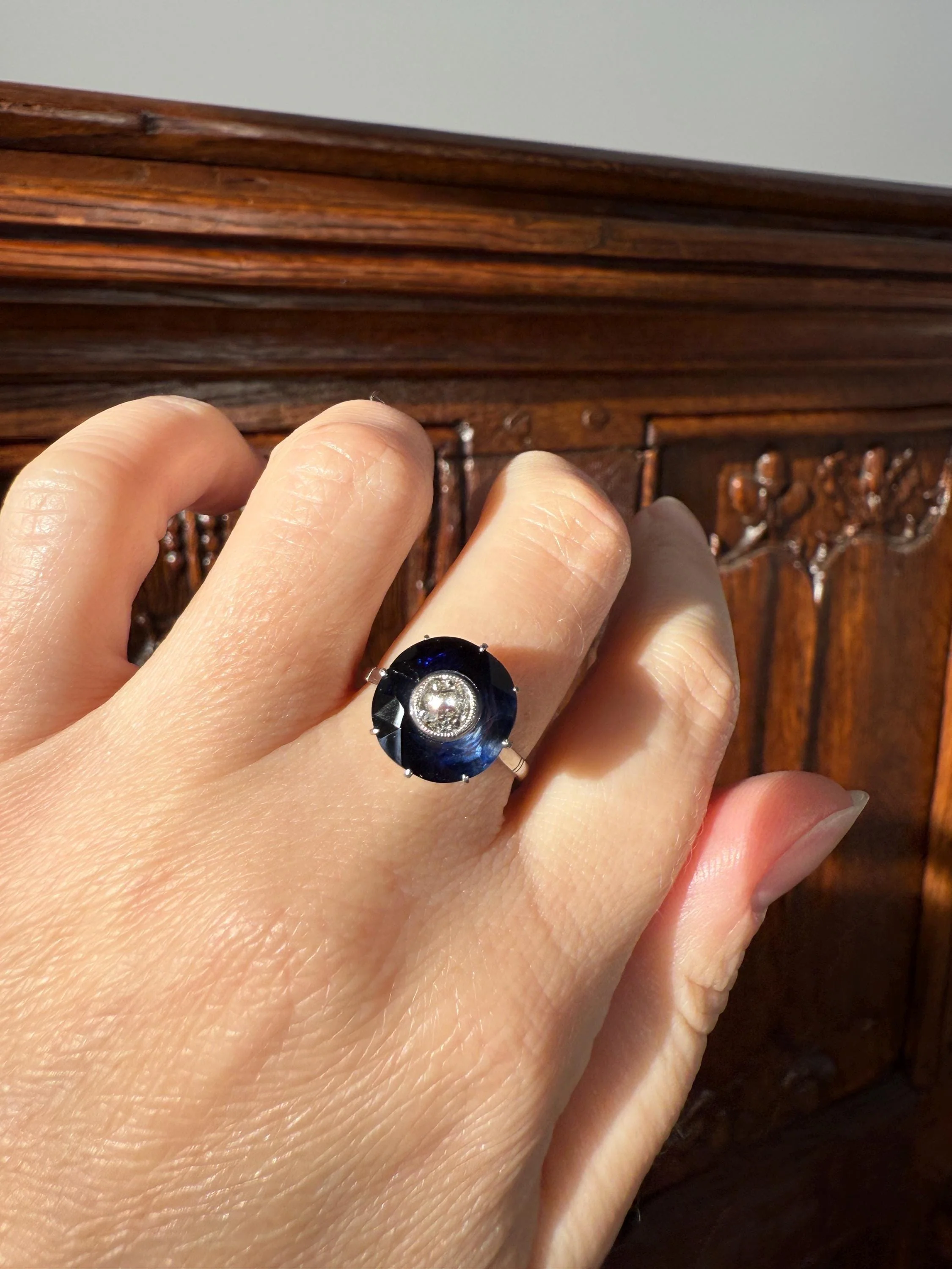 ANTIQUE Old Mine Cut Diamond & Tall Blue Sapphire Faceted HALO Ring French Platinum Edwardian Belle Epoque Stacker Bullseye Target Stacker - Image 18