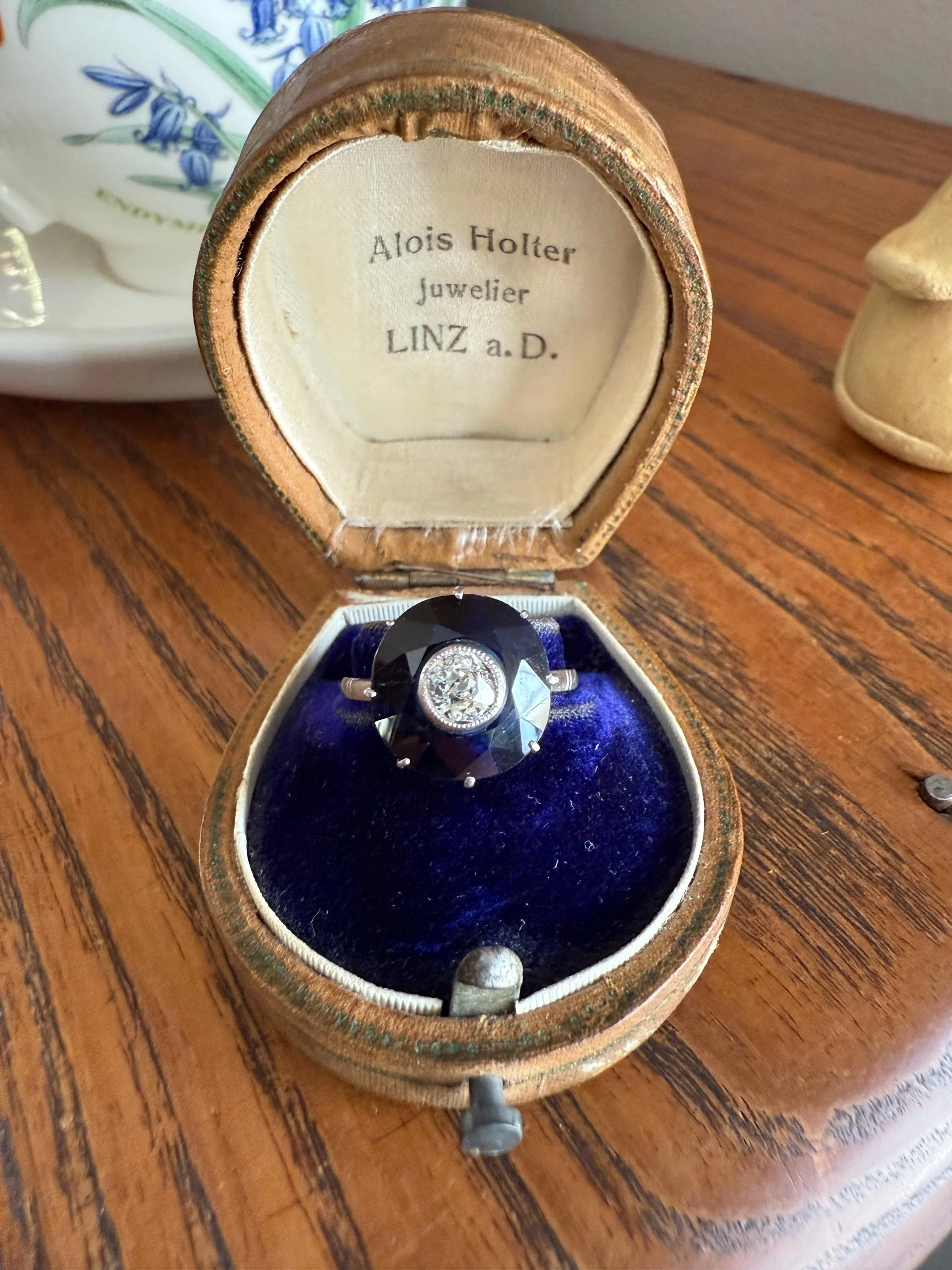 ANTIQUE Old Mine Cut Diamond & Tall Blue Sapphire Faceted HALO Ring French Platinum Edwardian Belle Epoque Stacker Bullseye Target Stacker - Image 2