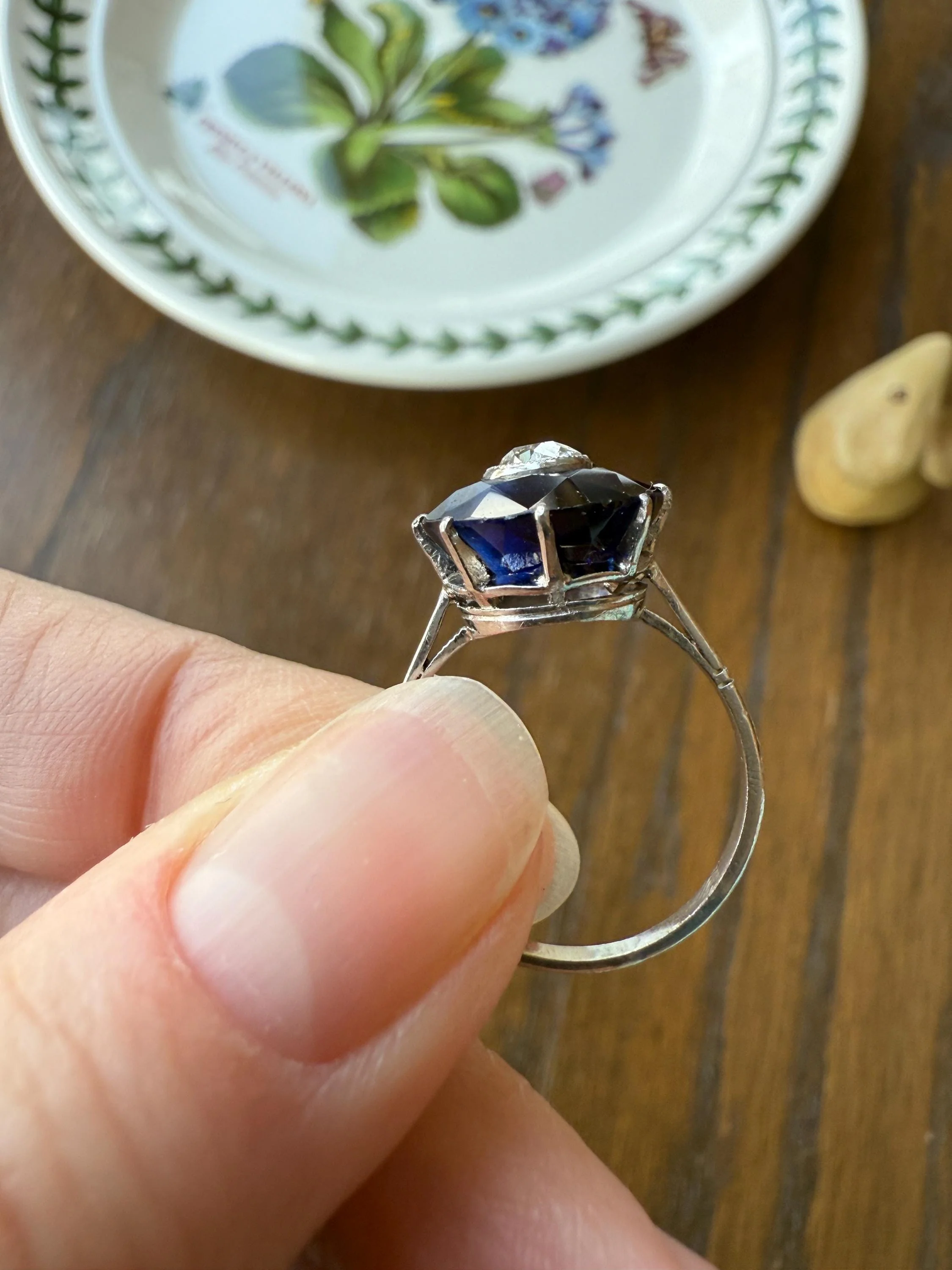 ANTIQUE Old Mine Cut Diamond & Tall Blue Sapphire Faceted HALO Ring French Platinum Edwardian Belle Epoque Stacker Bullseye Target Stacker - Image 3