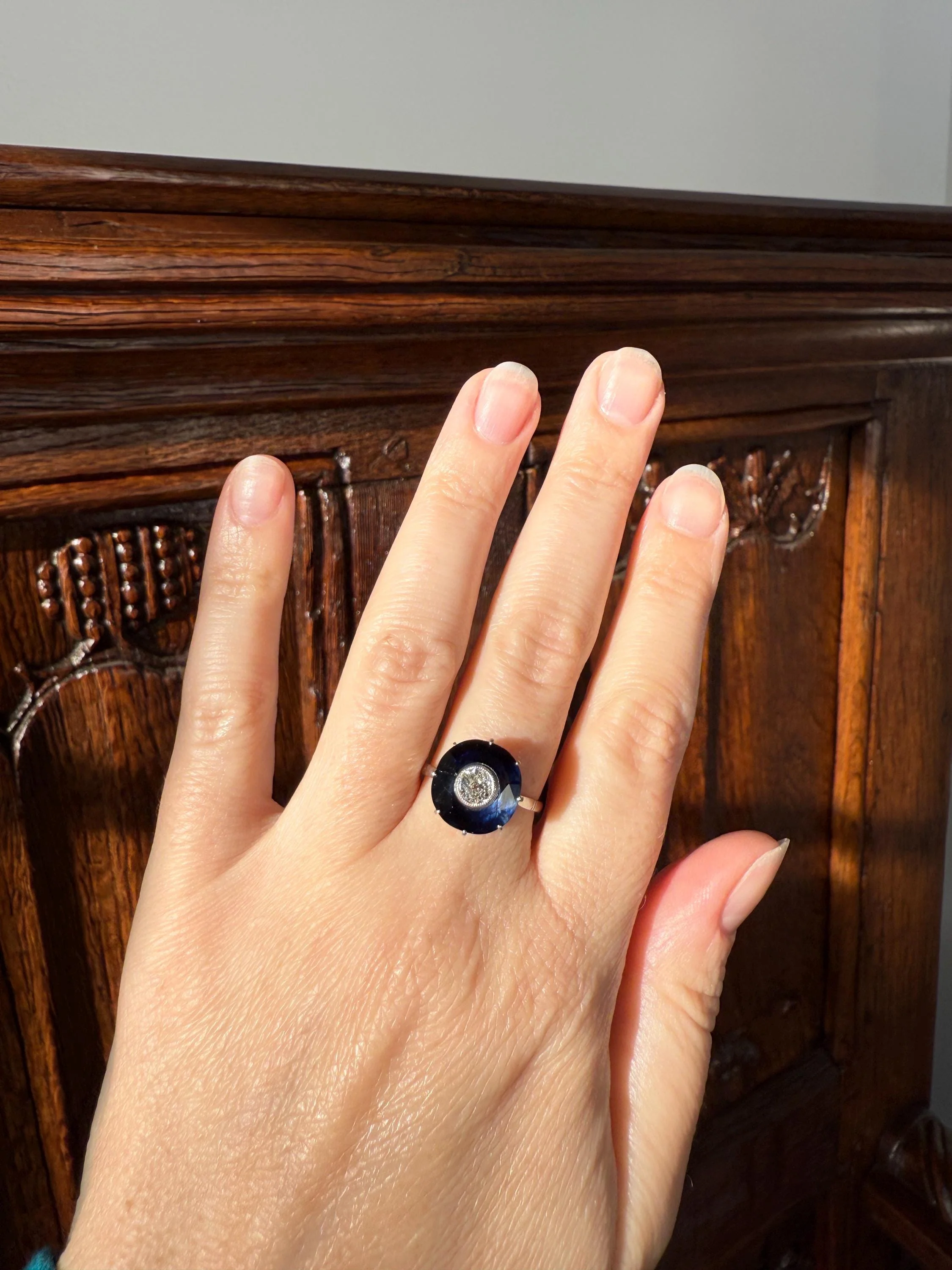 ANTIQUE Old Mine Cut Diamond & Tall Blue Sapphire Faceted HALO Ring French Platinum Edwardian Belle Epoque Stacker Bullseye Target Stacker - Image 4
