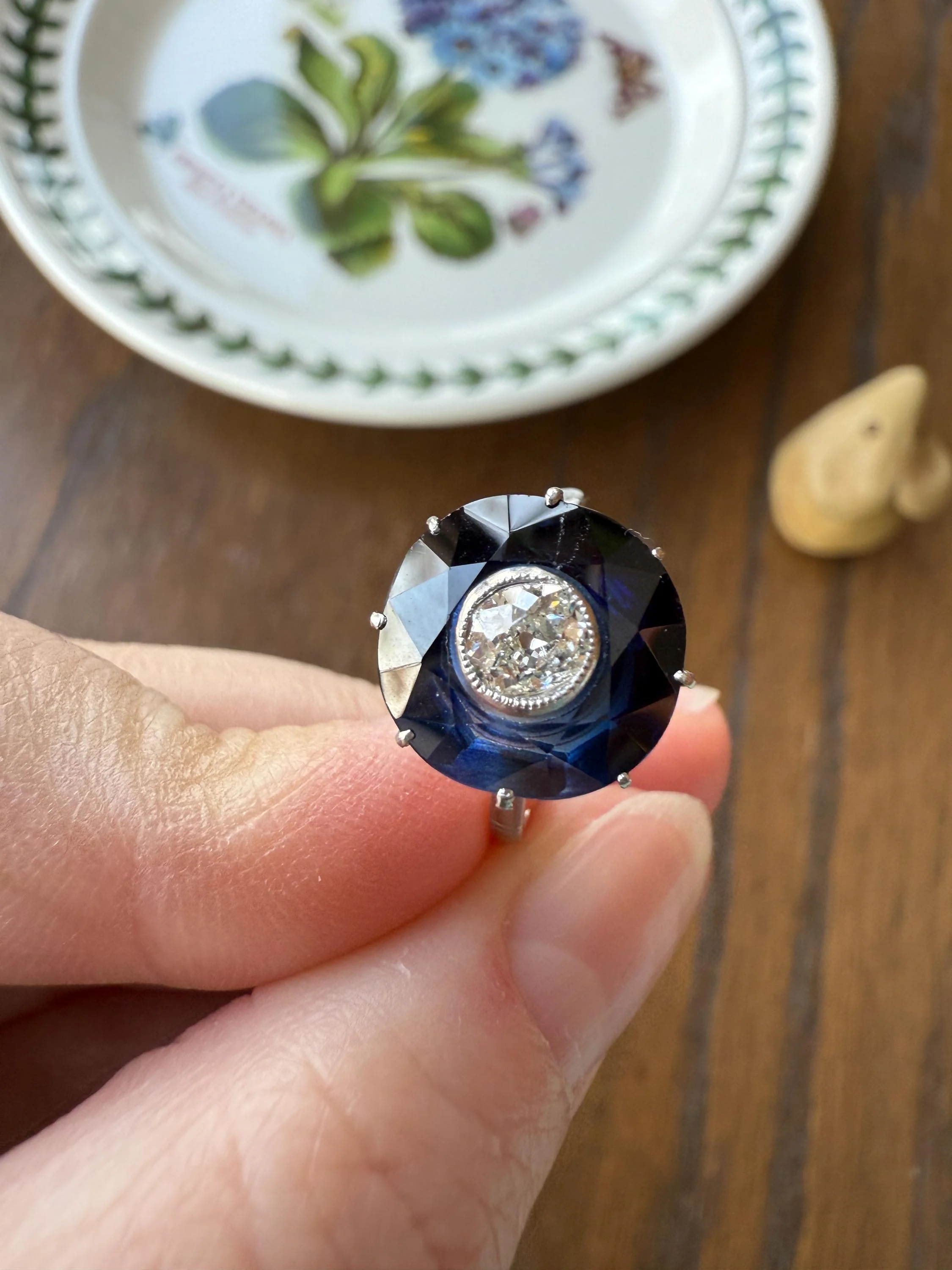 ANTIQUE Old Mine Cut Diamond & Tall Blue Sapphire Faceted HALO Ring French Platinum Edwardian Belle Epoque Stacker Bullseye Target Stacker - Image 5