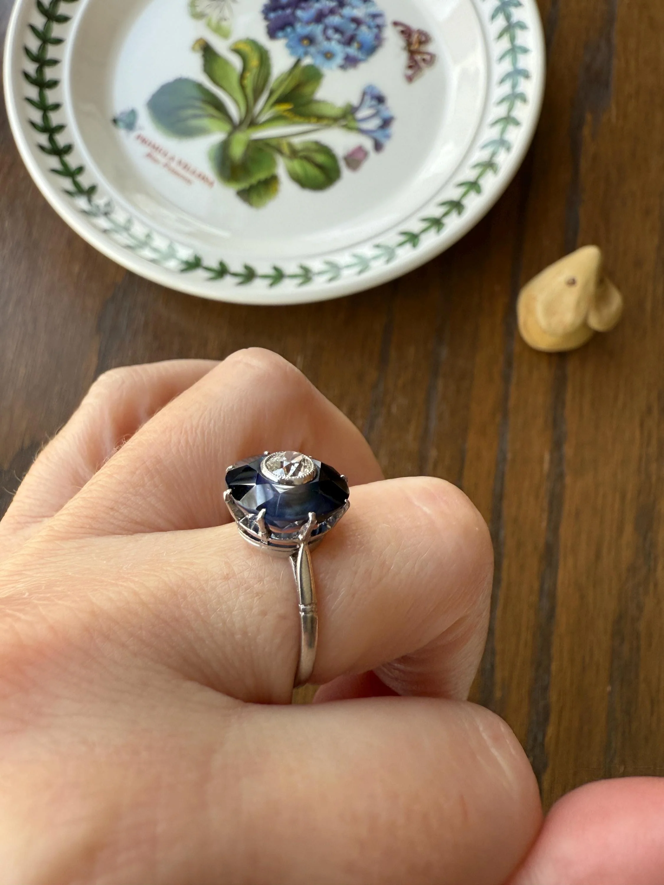 ANTIQUE Old Mine Cut Diamond & Tall Blue Sapphire Faceted HALO Ring French Platinum Edwardian Belle Epoque Stacker Bullseye Target Stacker - Image 6