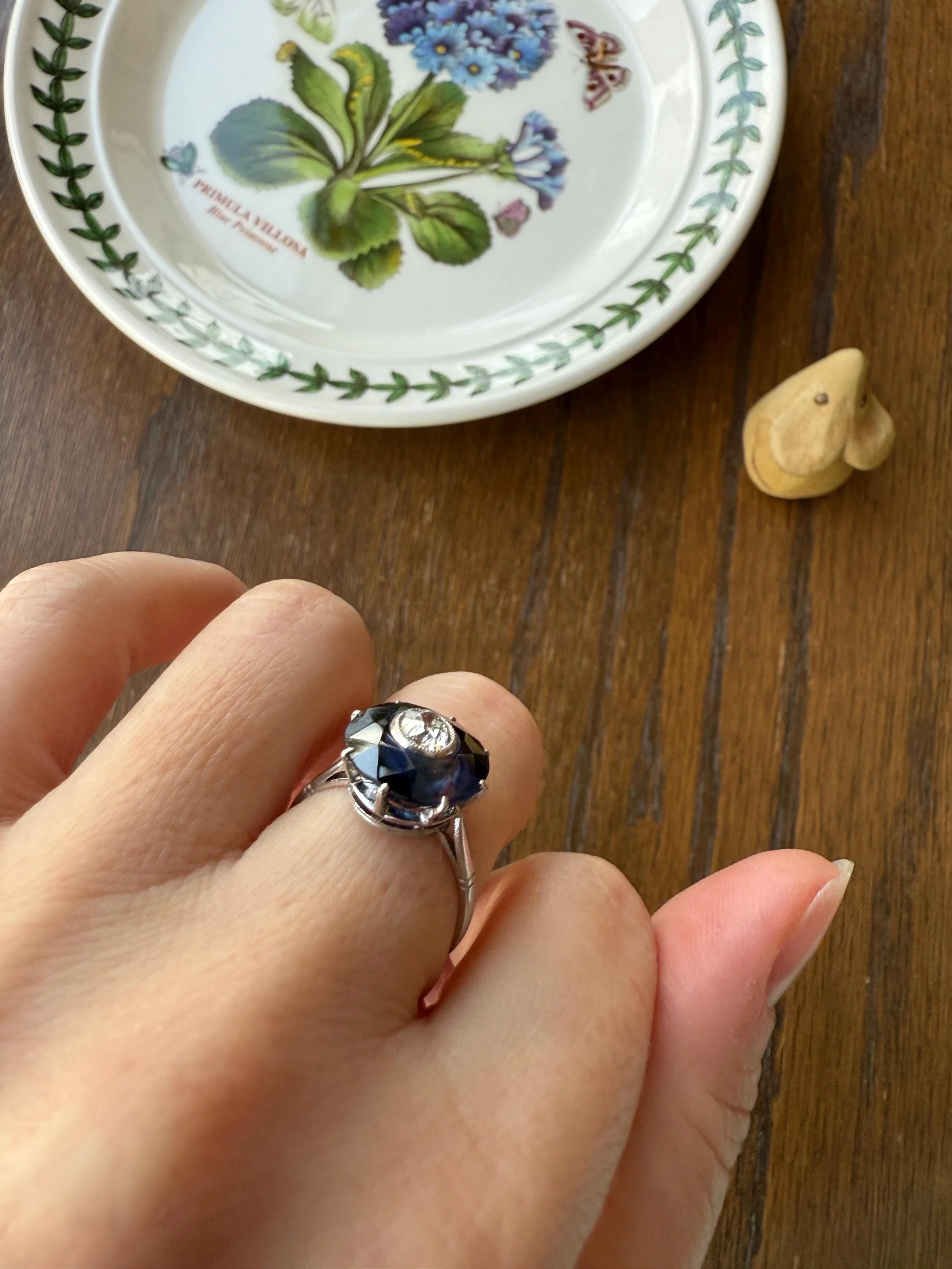 ANTIQUE Old Mine Cut Diamond & Tall Blue Sapphire Faceted HALO Ring French Platinum Edwardian Belle Epoque Stacker Bullseye Target Stacker - Image 7