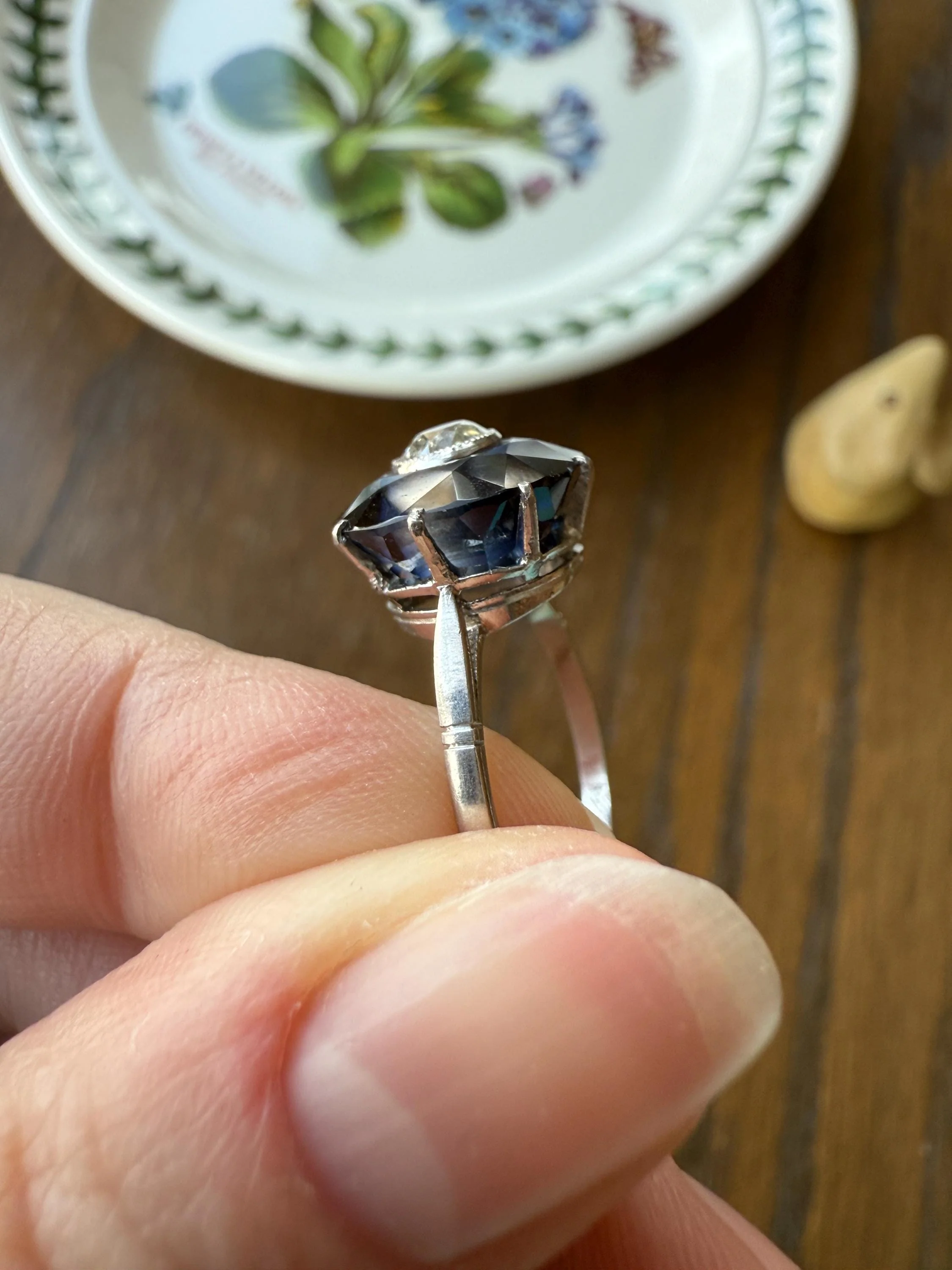 ANTIQUE Old Mine Cut Diamond & Tall Blue Sapphire Faceted HALO Ring French Platinum Edwardian Belle Epoque Stacker Bullseye Target Stacker - Image 8