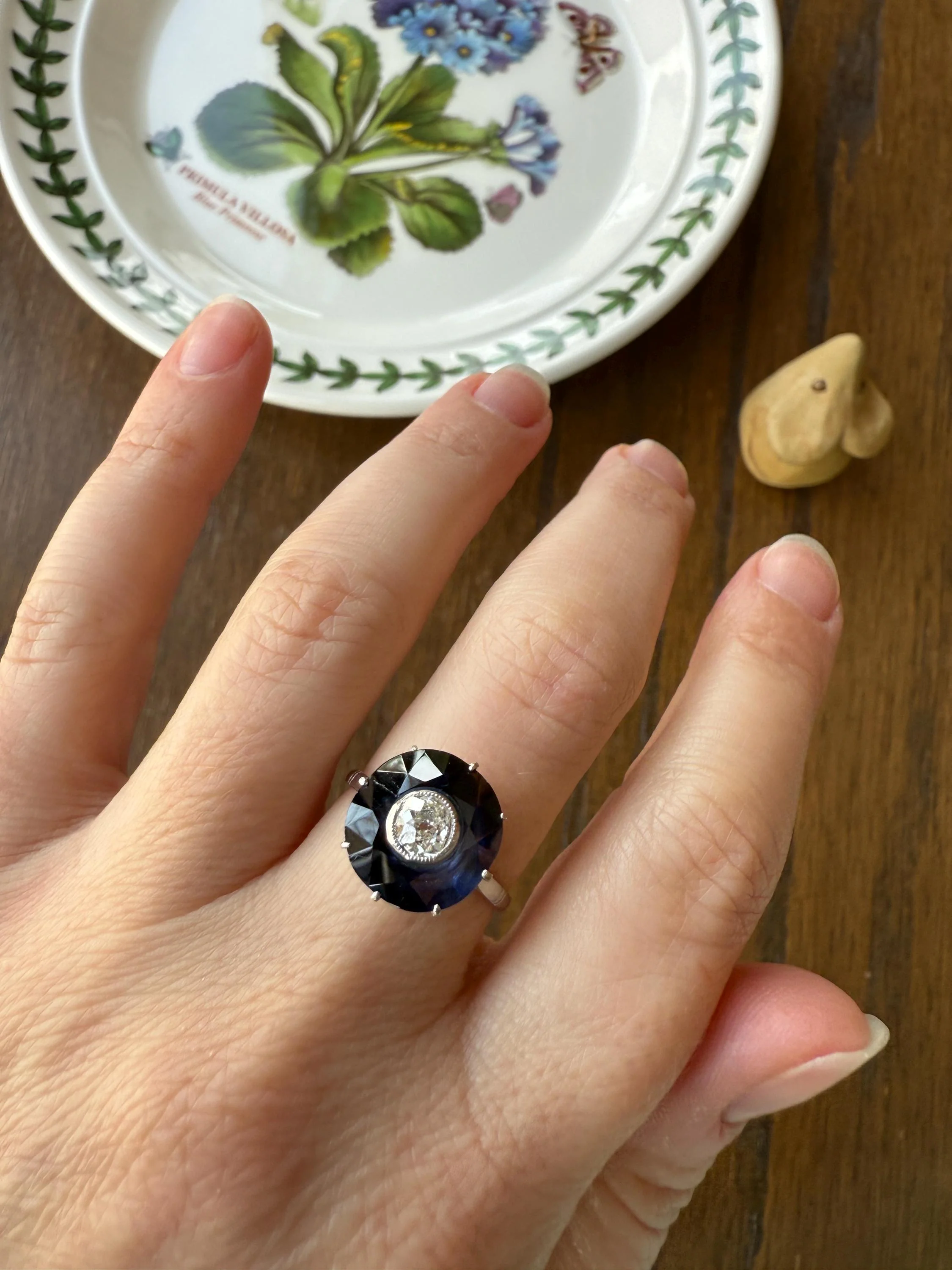 ANTIQUE Old Mine Cut Diamond & Tall Blue Sapphire Faceted HALO Ring French Platinum Edwardian Belle Epoque Stacker Bullseye Target Stacker - Image 9