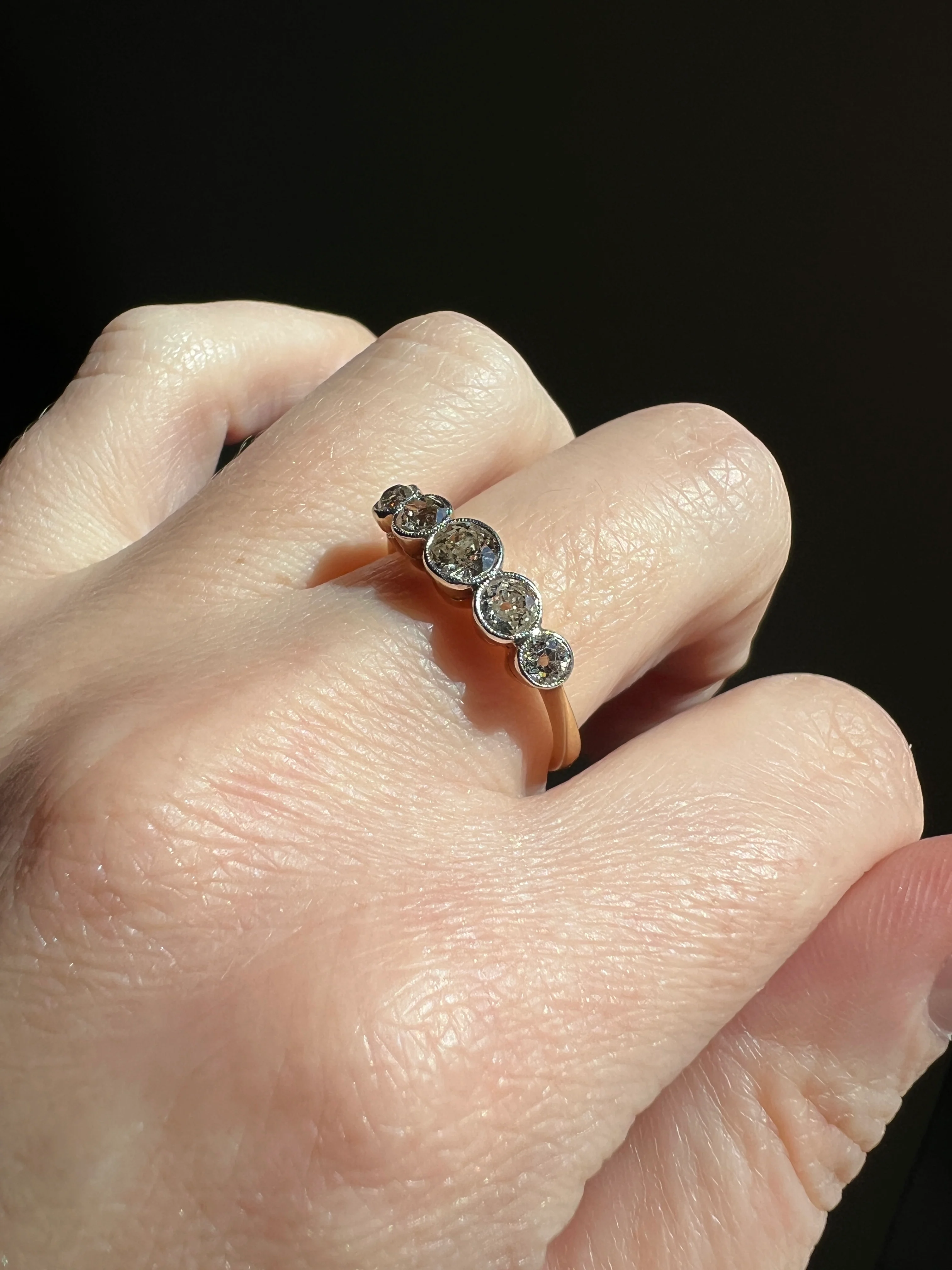 Antique One Carat Champagne White Old Mine Cut DIAMOND 18k Gold Platinum Five Stone Ring Bezel Set Band - Image 13