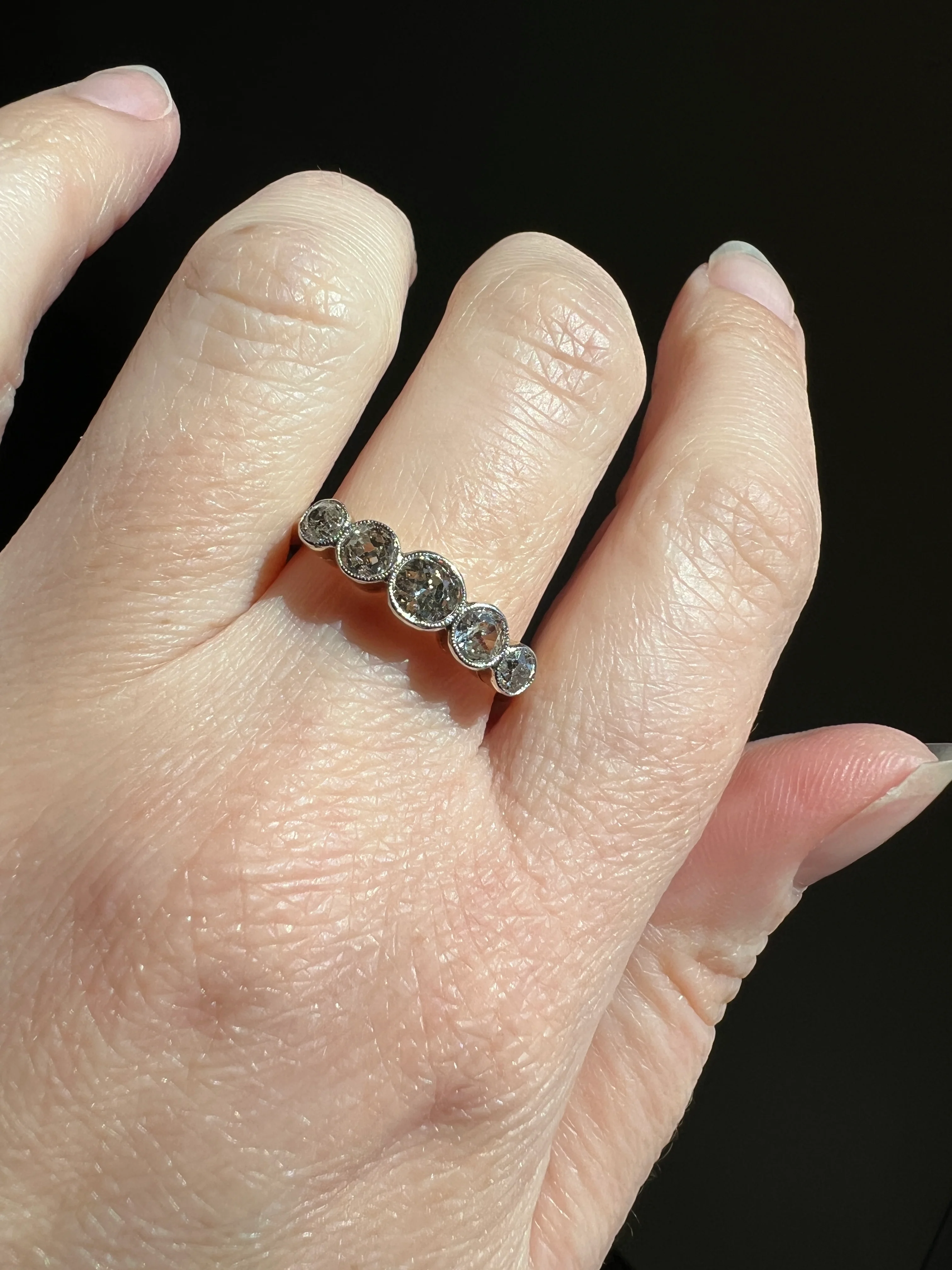 Antique One Carat Champagne White Old Mine Cut DIAMOND 18k Gold Platinum Five Stone Ring Bezel Set Band - Image 16