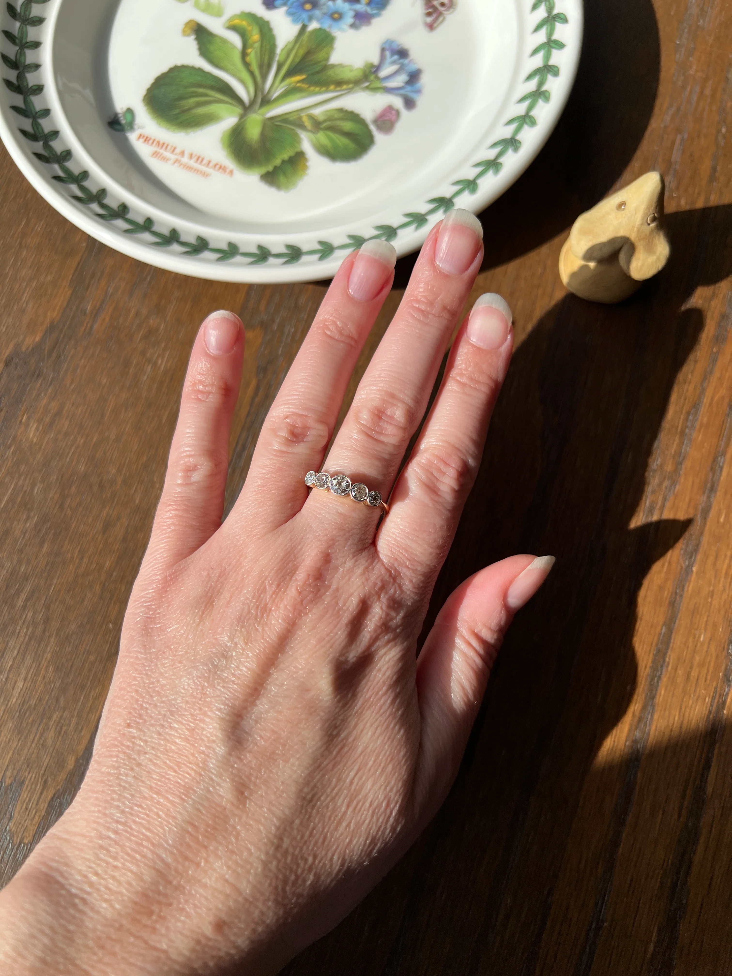 Antique One Carat Champagne White Old Mine Cut DIAMOND 18k Gold Platinum Five Stone Ring Bezel Set Band - Image 24