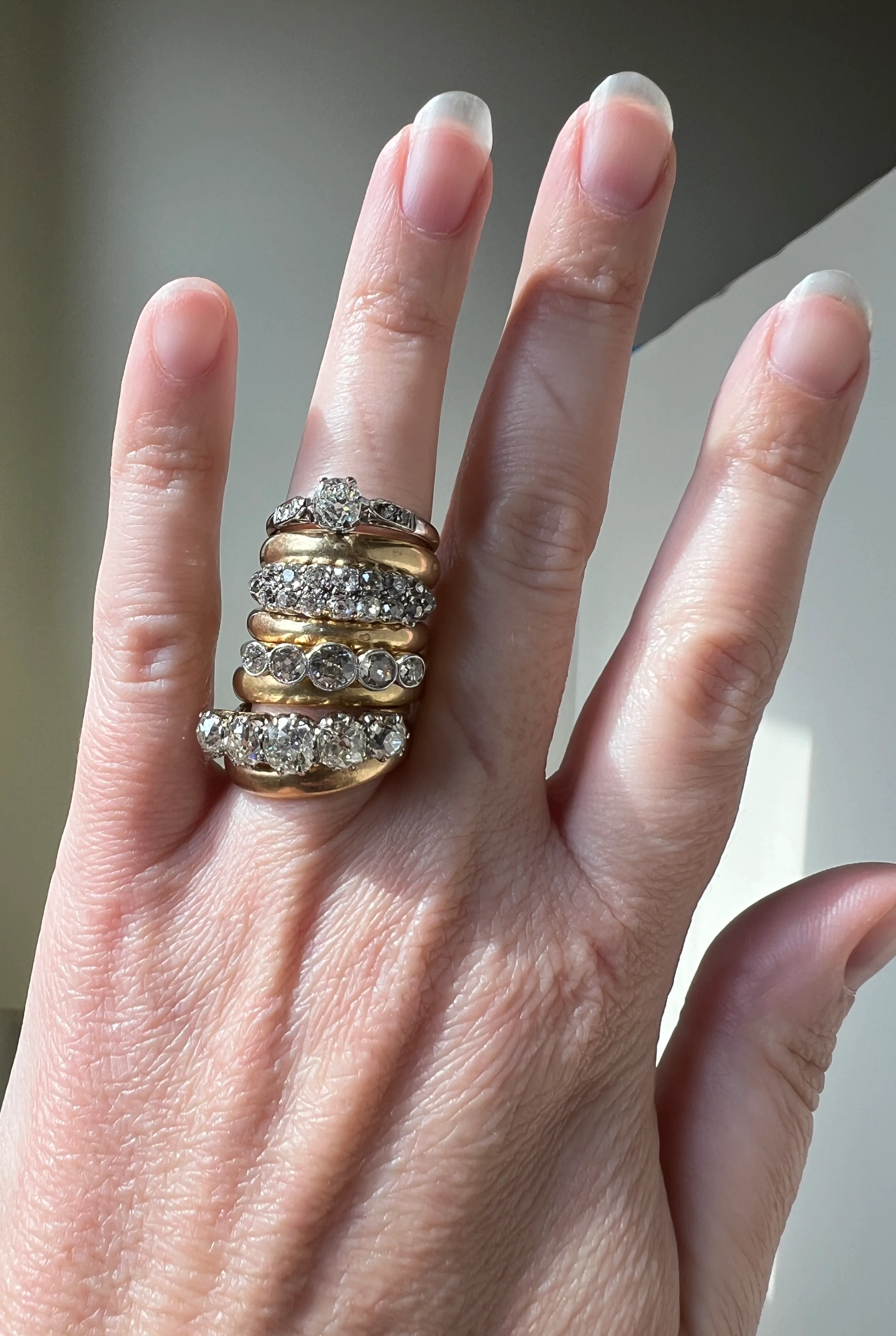 Antique One Carat Champagne White Old Mine Cut DIAMOND 18k Gold Platinum Five Stone Ring Bezel Set Band - Image 30