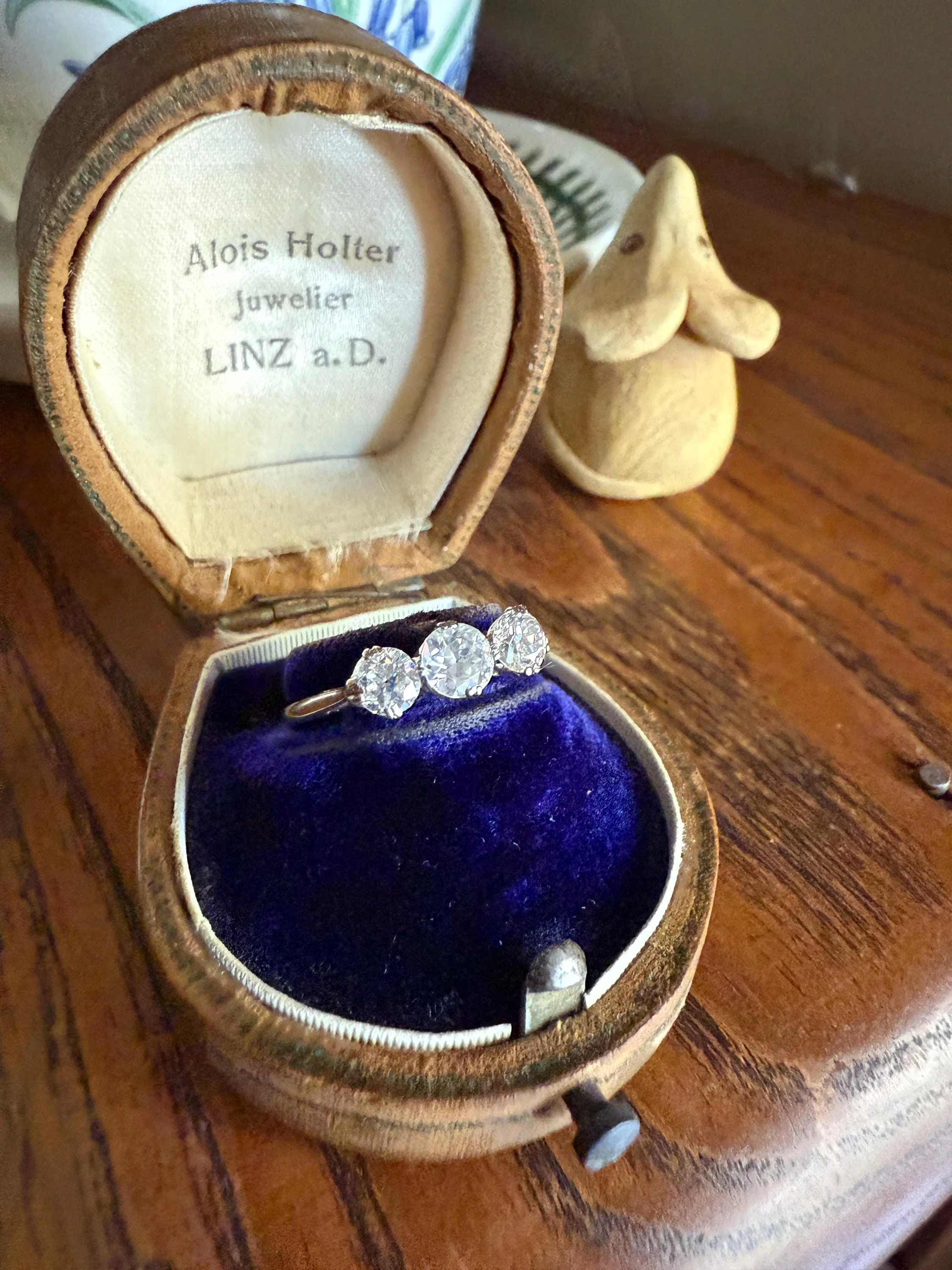 Antique One Carat Old European Cut DIAMOND Three Stone Ring Prong Set Stacker Trilogy 14k White Gold Art Deco Romantic Gift OEC 1Ctw