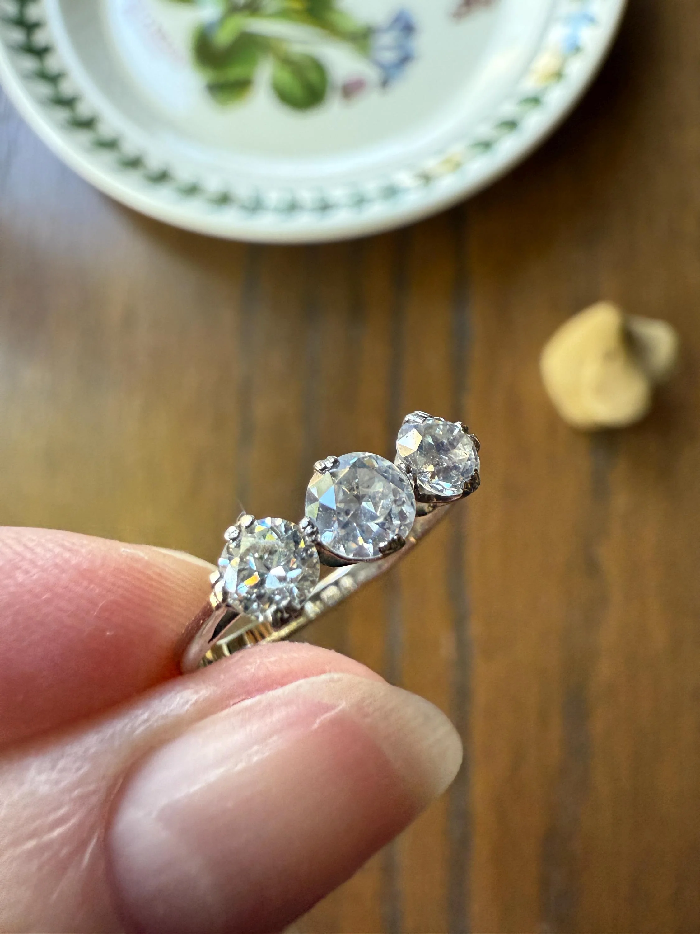 Antique One Carat Old European Cut DIAMOND Three Stone Ring Prong Set Stacker Trilogy 14k White Gold Art Deco Romantic Gift OEC 1Ctw - Image 10
