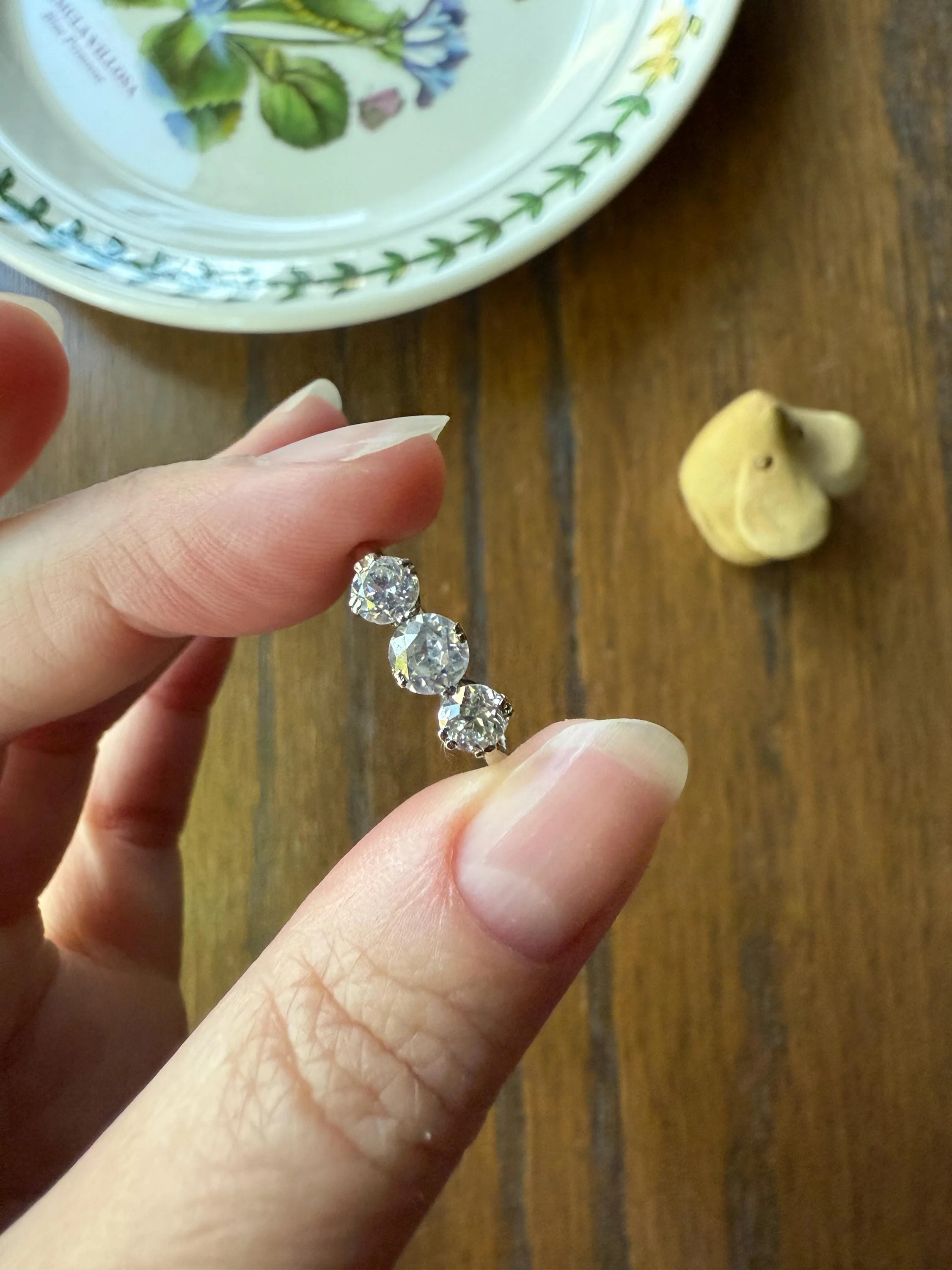 Antique One Carat Old European Cut DIAMOND Three Stone Ring Prong Set Stacker Trilogy 14k White Gold Art Deco Romantic Gift OEC 1Ctw - Image 12