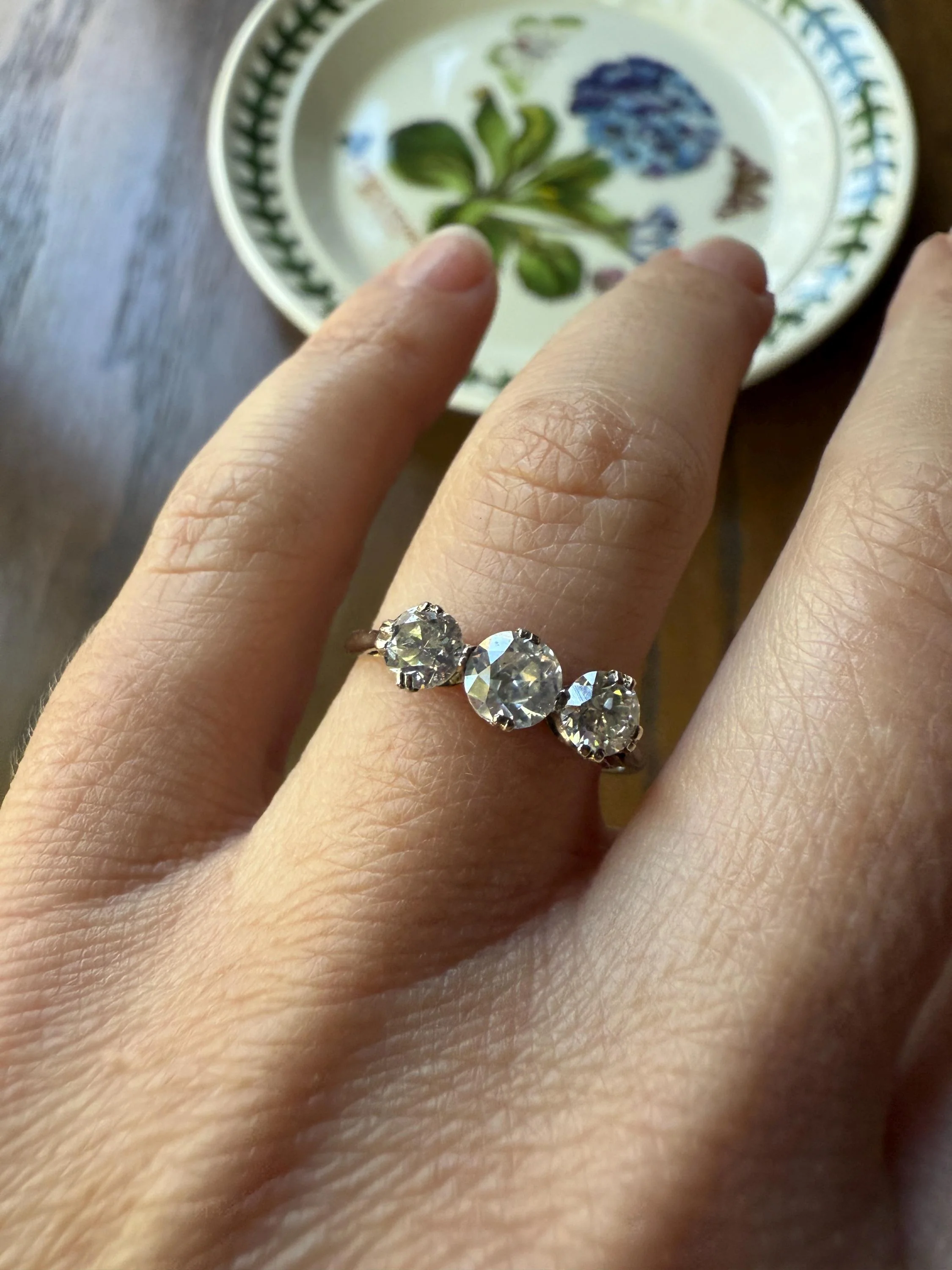 Antique One Carat Old European Cut DIAMOND Three Stone Ring Prong Set Stacker Trilogy 14k White Gold Art Deco Romantic Gift OEC 1Ctw - Image 13