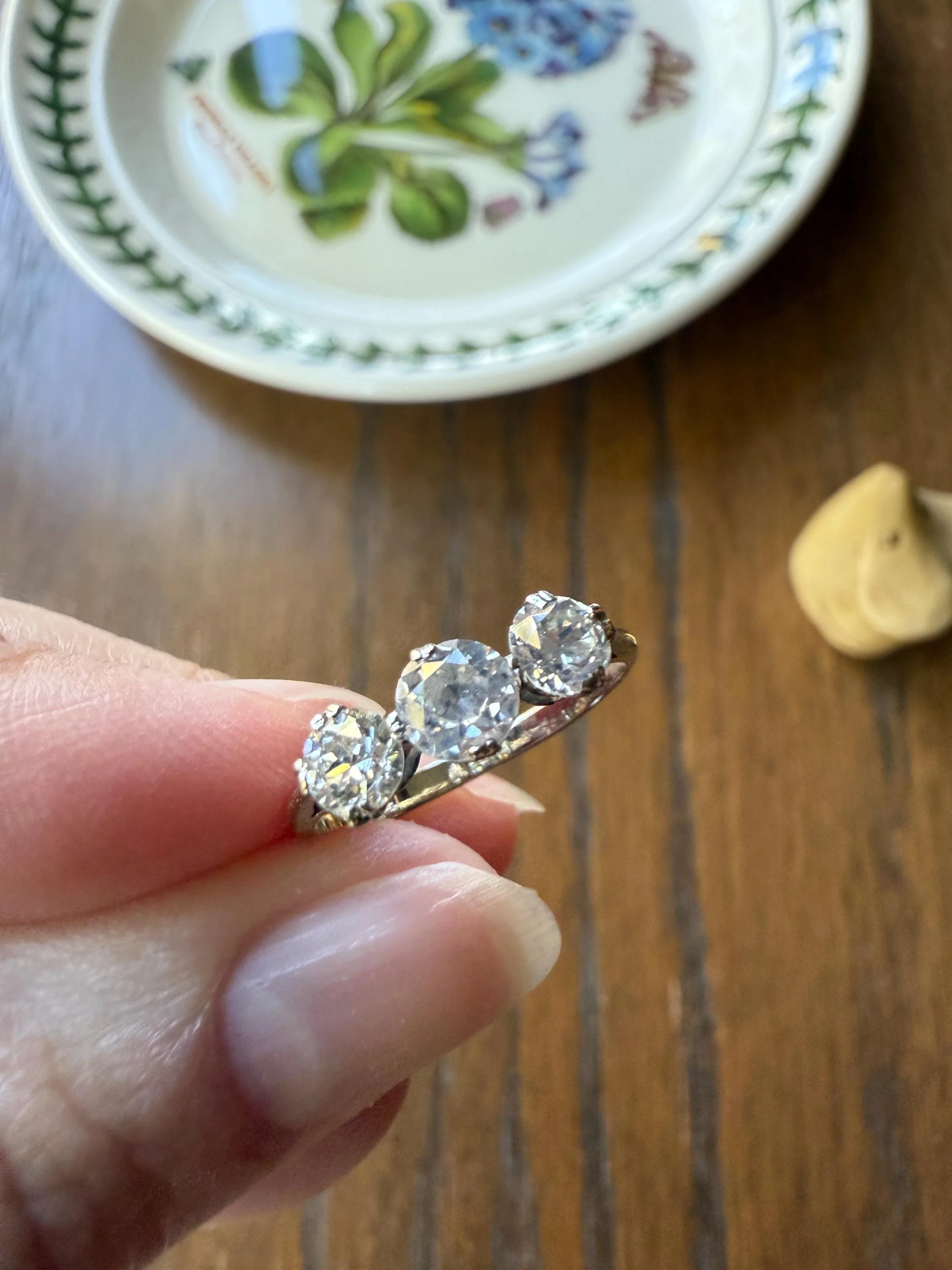 Antique One Carat Old European Cut DIAMOND Three Stone Ring Prong Set Stacker Trilogy 14k White Gold Art Deco Romantic Gift OEC 1Ctw - Image 14