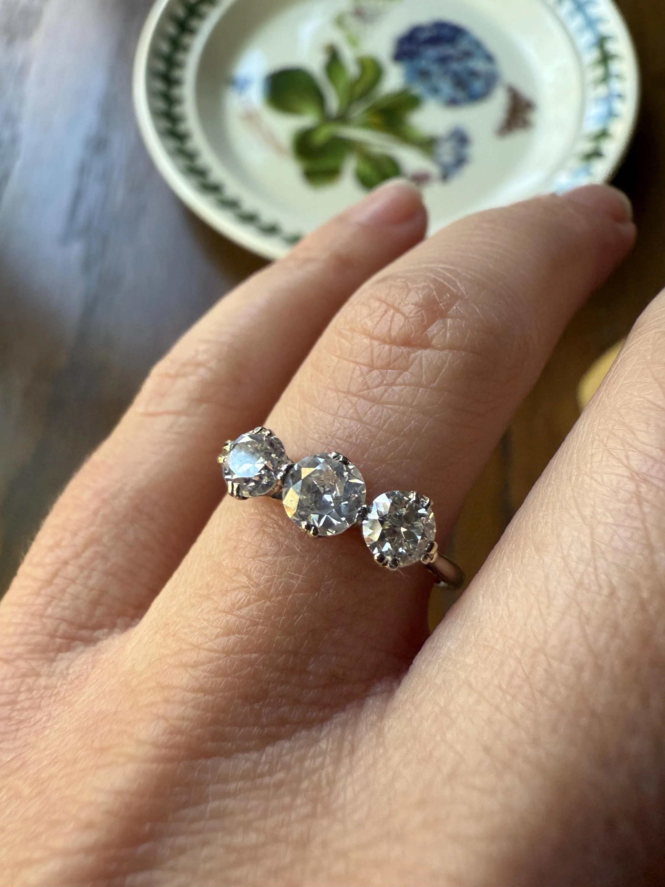 Antique One Carat Old European Cut DIAMOND Three Stone Ring Prong Set Stacker Trilogy 14k White Gold Art Deco Romantic Gift OEC 1Ctw - Image 4