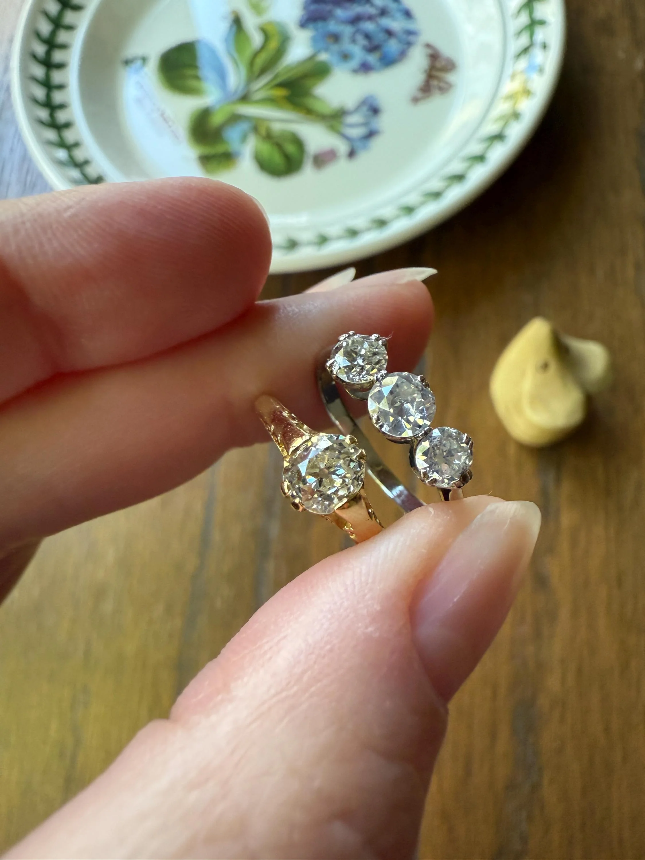 Antique One Carat Old European Cut DIAMOND Three Stone Ring Prong Set Stacker Trilogy 14k White Gold Art Deco Romantic Gift OEC 1Ctw - Image 7