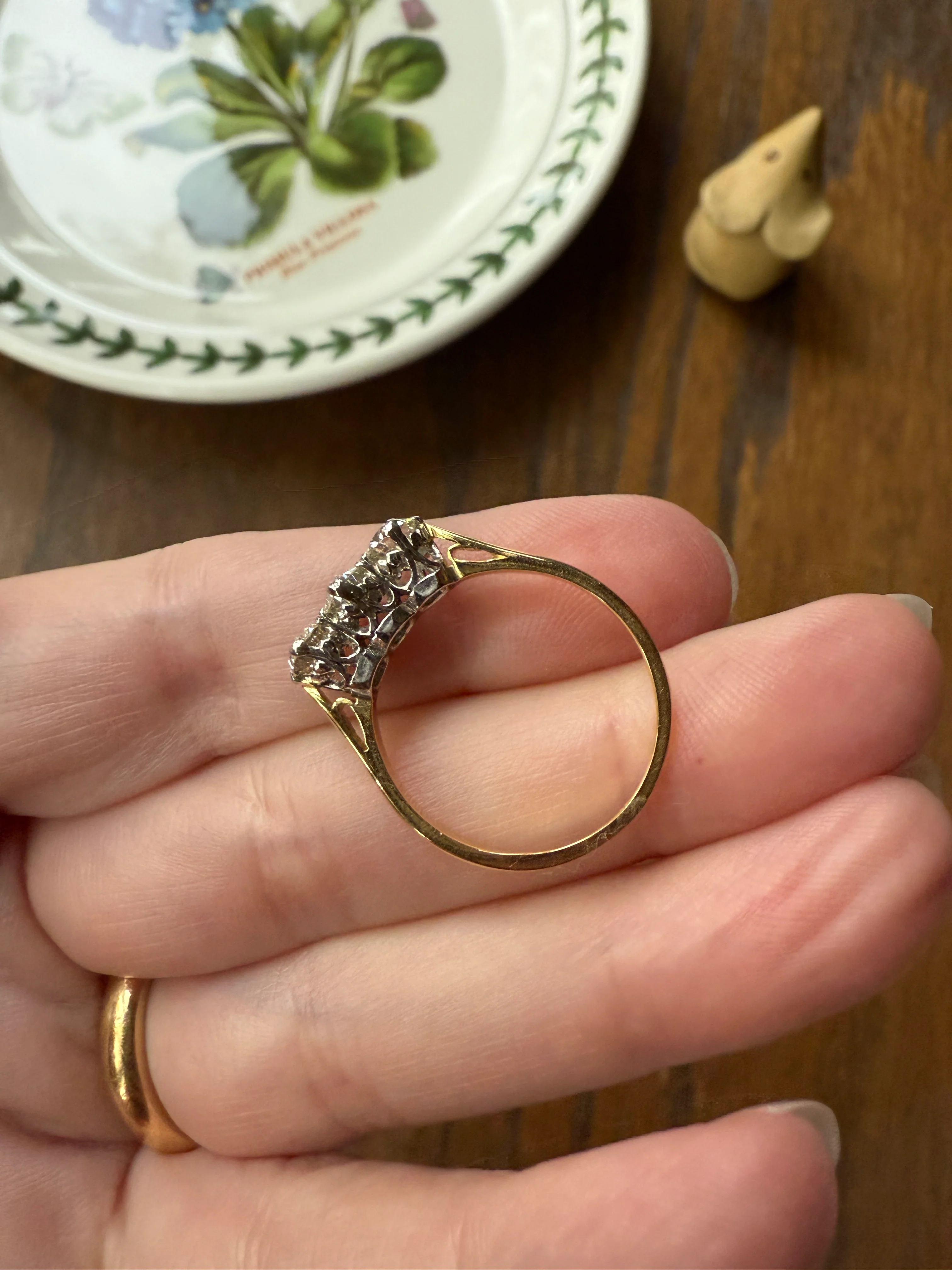 Antique One Carat Transitional Cut DIAMOND Three Stone Ring Prong Set Stacker Trilogy 18k Gold Platinum - Image 10