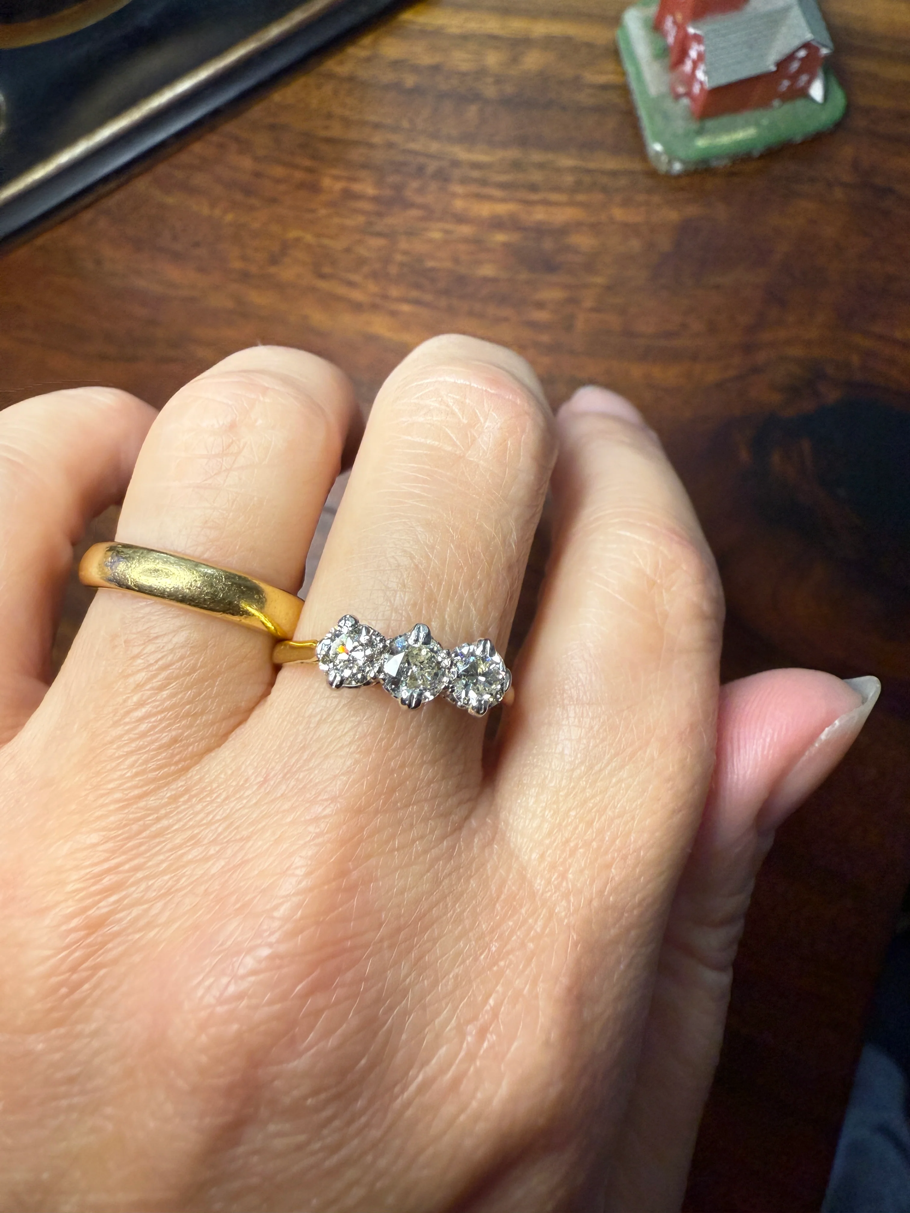 Antique One Carat Transitional Cut DIAMOND Three Stone Ring Prong Set Stacker Trilogy 18k Gold Platinum - Image 2