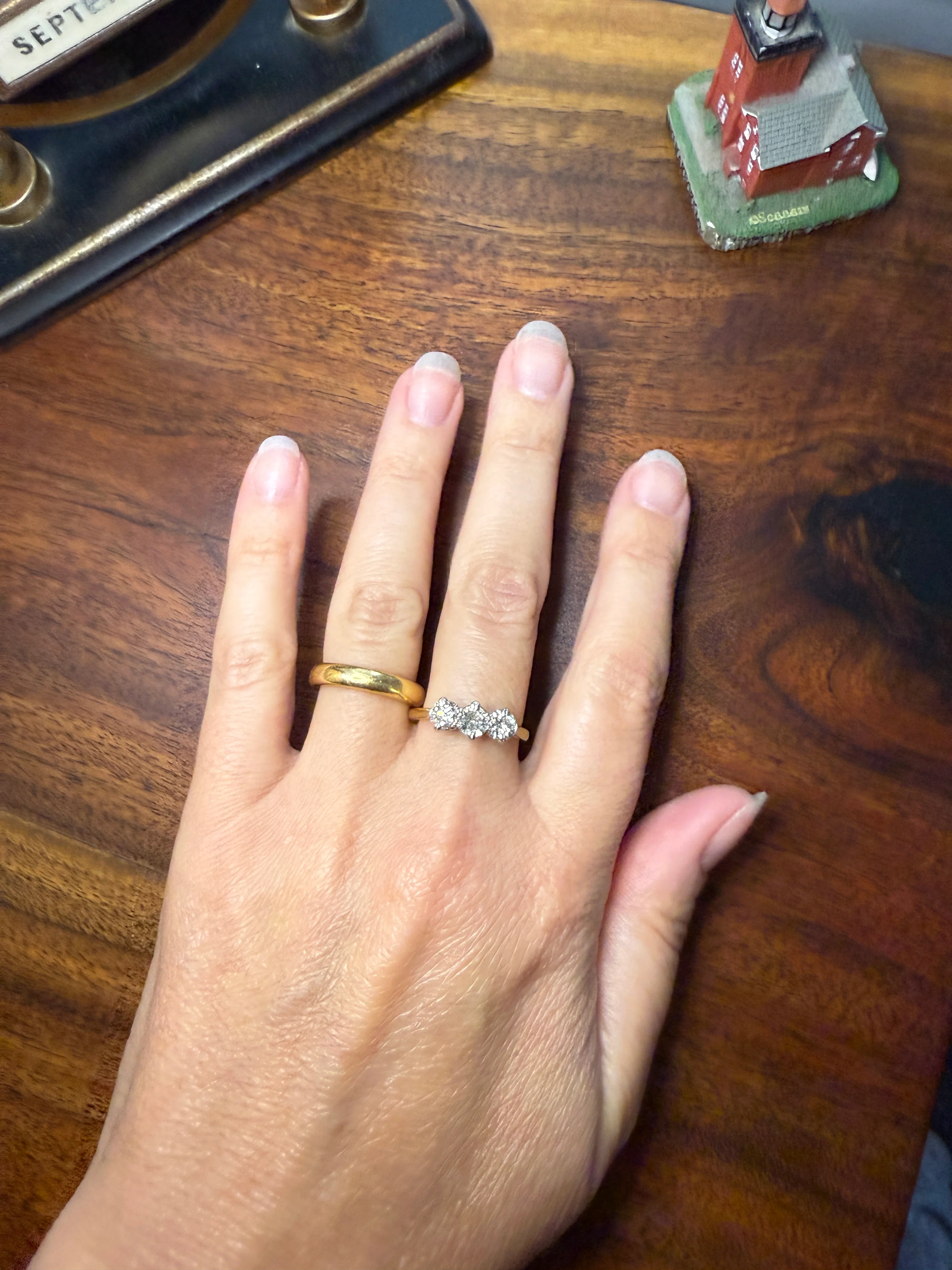 Antique One Carat Transitional Cut DIAMOND Three Stone Ring Prong Set Stacker Trilogy 18k Gold Platinum - Image 3
