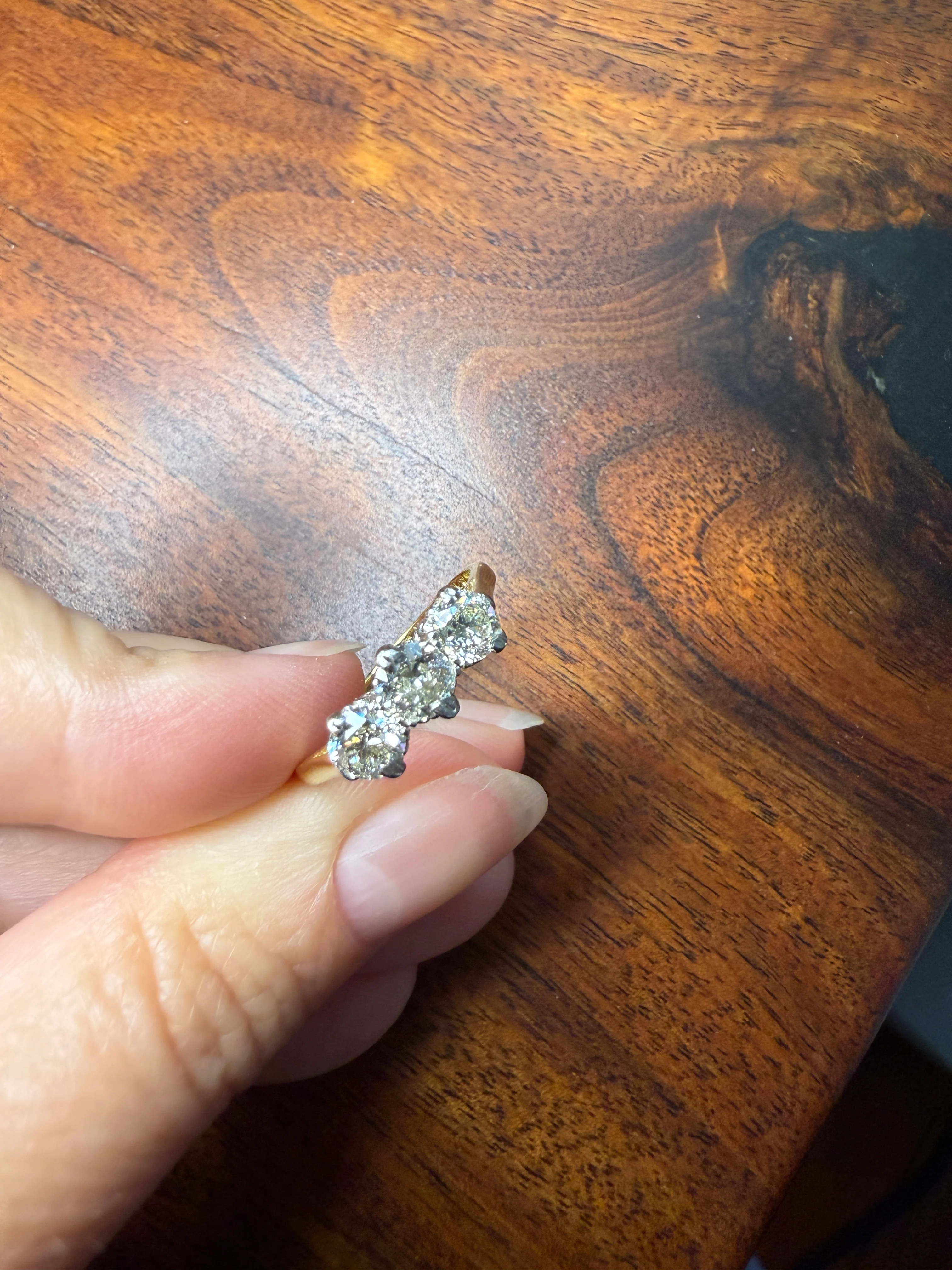 Antique One Carat Transitional Cut DIAMOND Three Stone Ring Prong Set Stacker Trilogy 18k Gold Platinum - Image 4