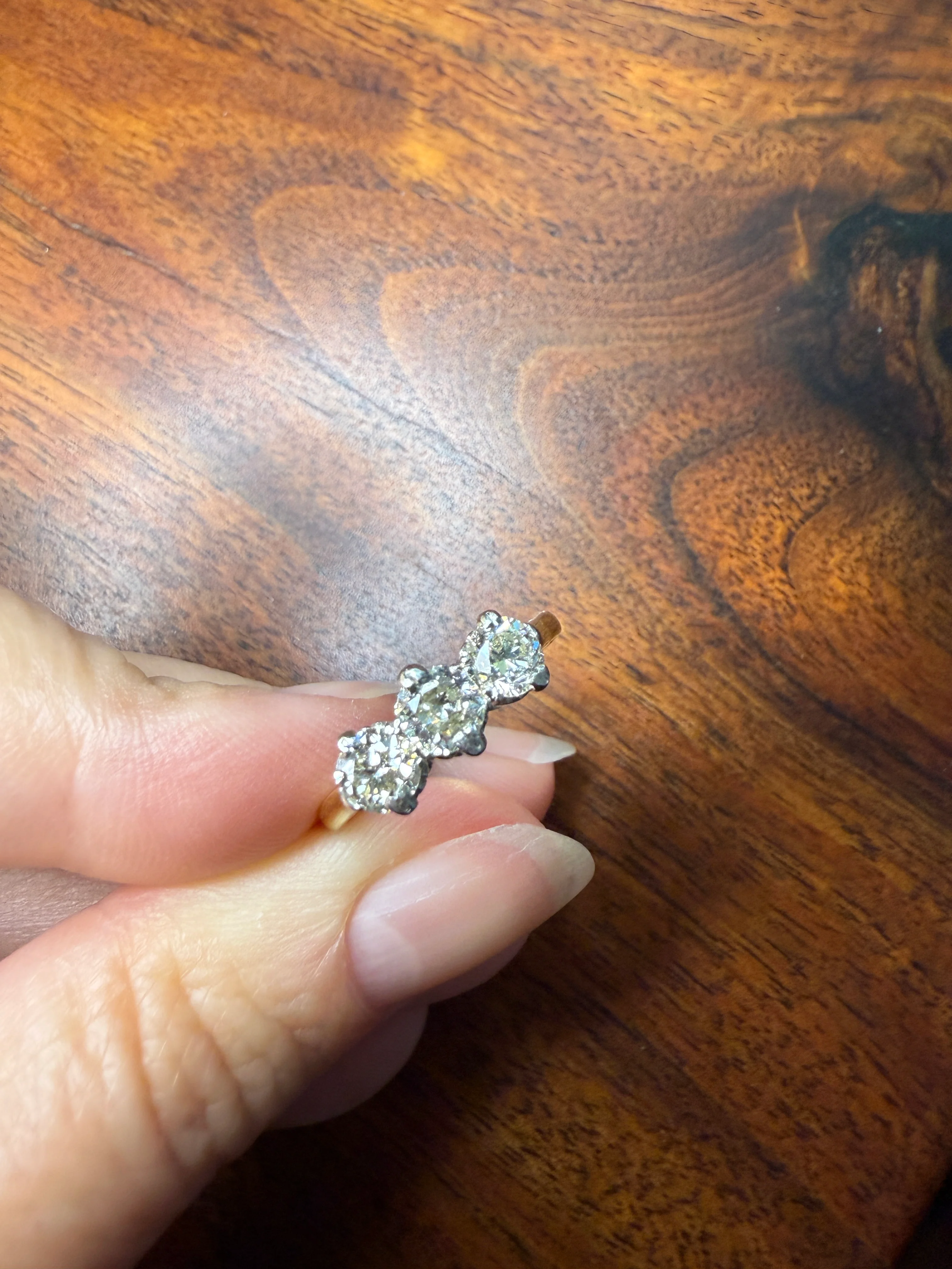 Antique One Carat Transitional Cut DIAMOND Three Stone Ring Prong Set Stacker Trilogy 18k Gold Platinum - Image 5