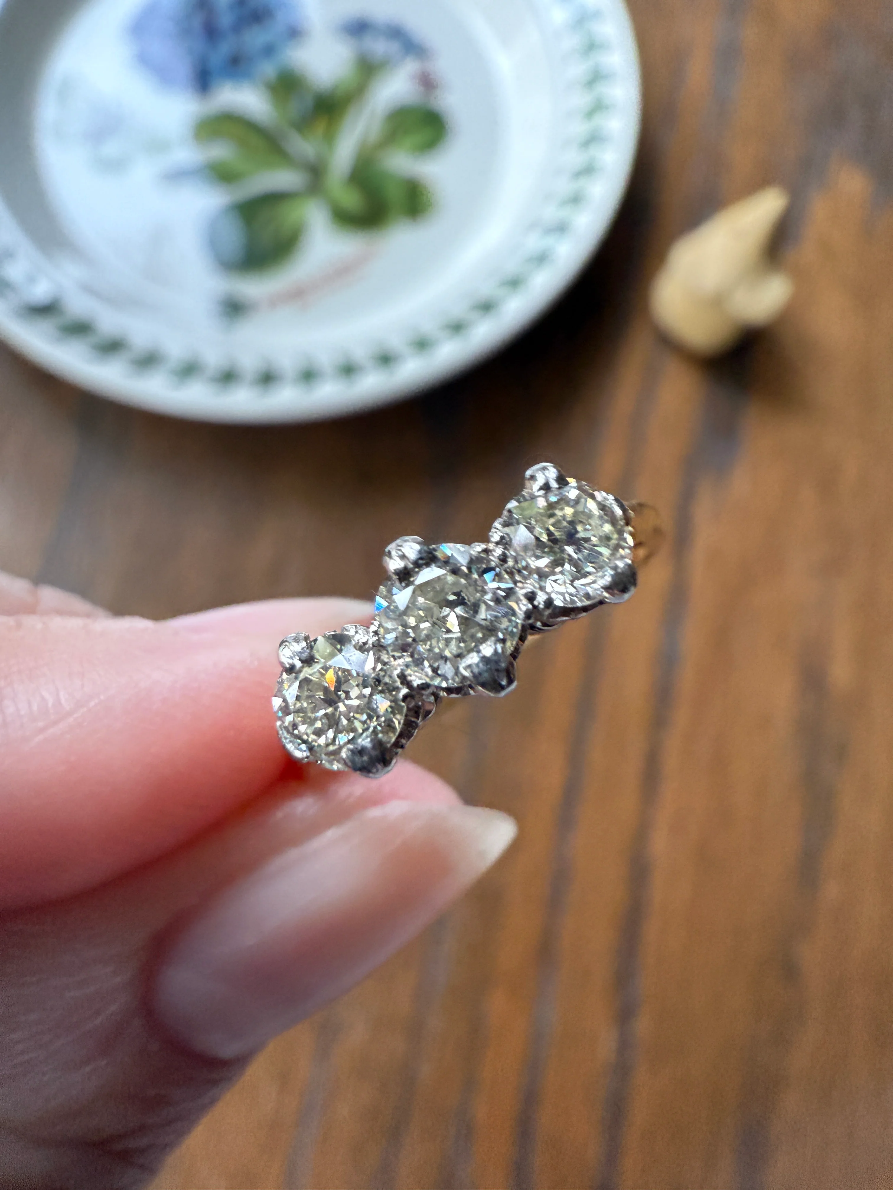 Antique One Carat Transitional Cut DIAMOND Three Stone Ring Prong Set Stacker Trilogy 18k Gold Platinum - Image 6
