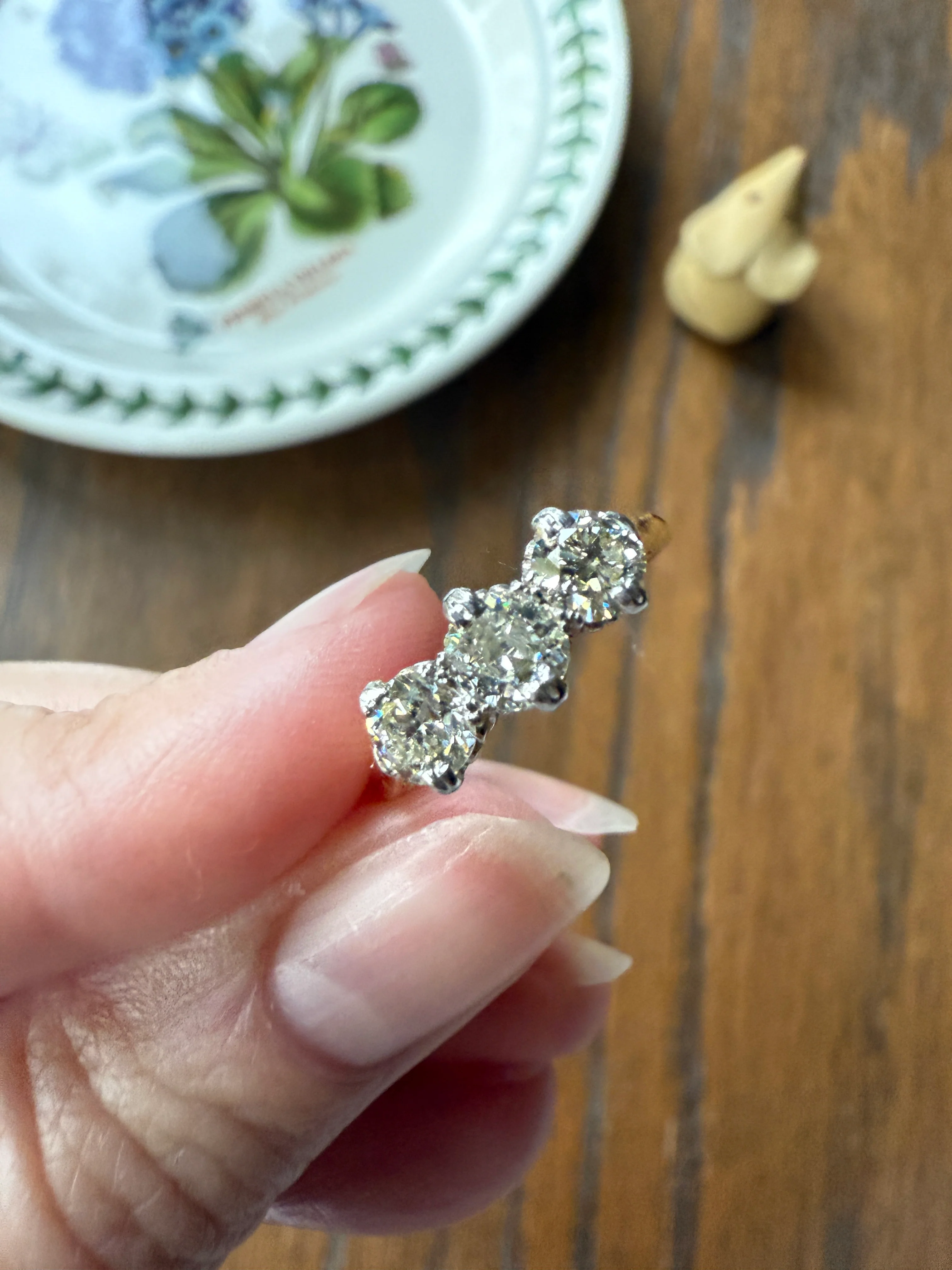 Antique One Carat Transitional Cut DIAMOND Three Stone Ring Prong Set Stacker Trilogy 18k Gold Platinum - Image 9