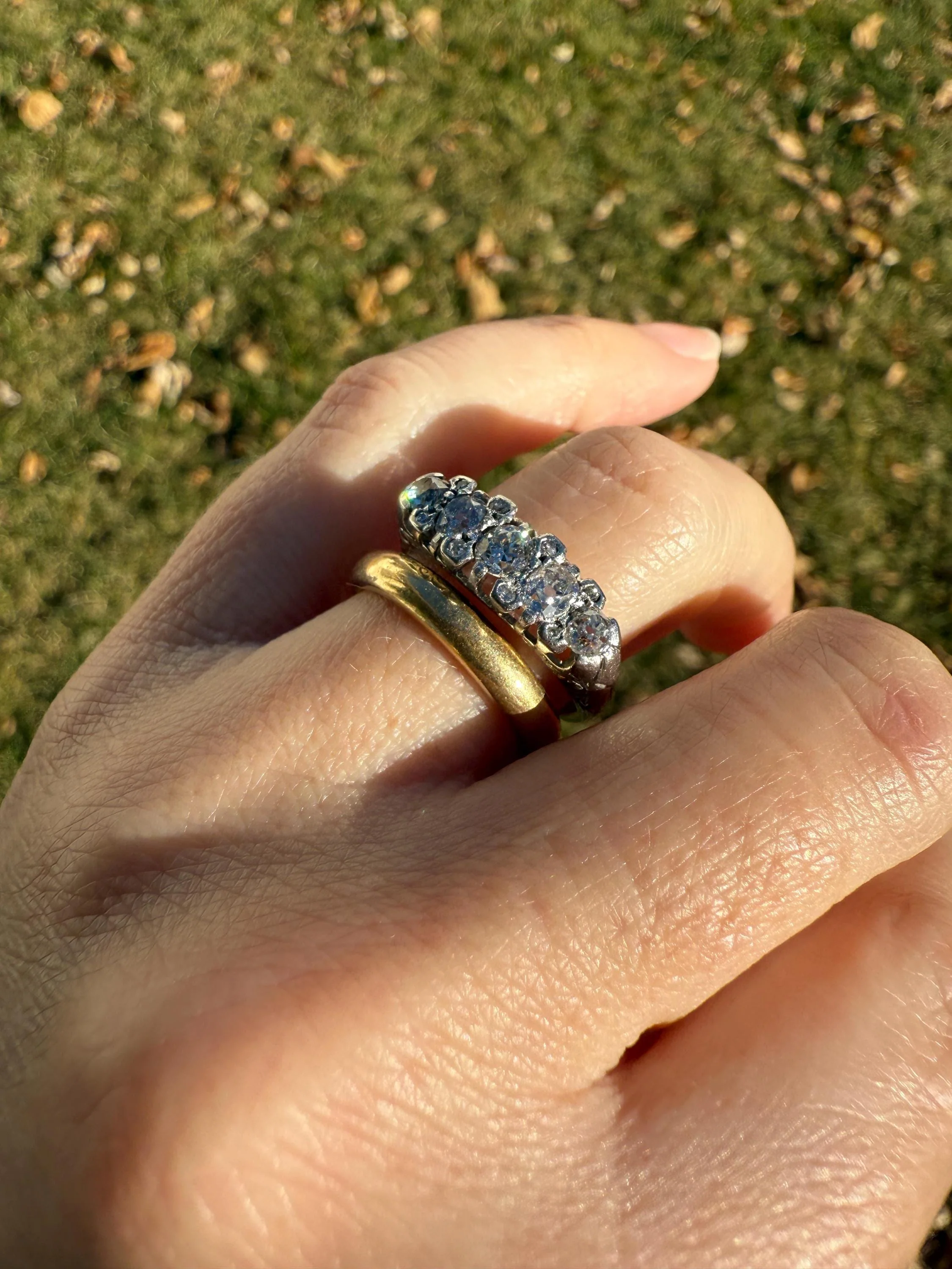 Antique One Carat Old Mine Cut DIAMOND 5 Five Stone Band Ring Platinum Rose Cut Spacers Gemset Prongs Scrolled French Edwardian - Image 11