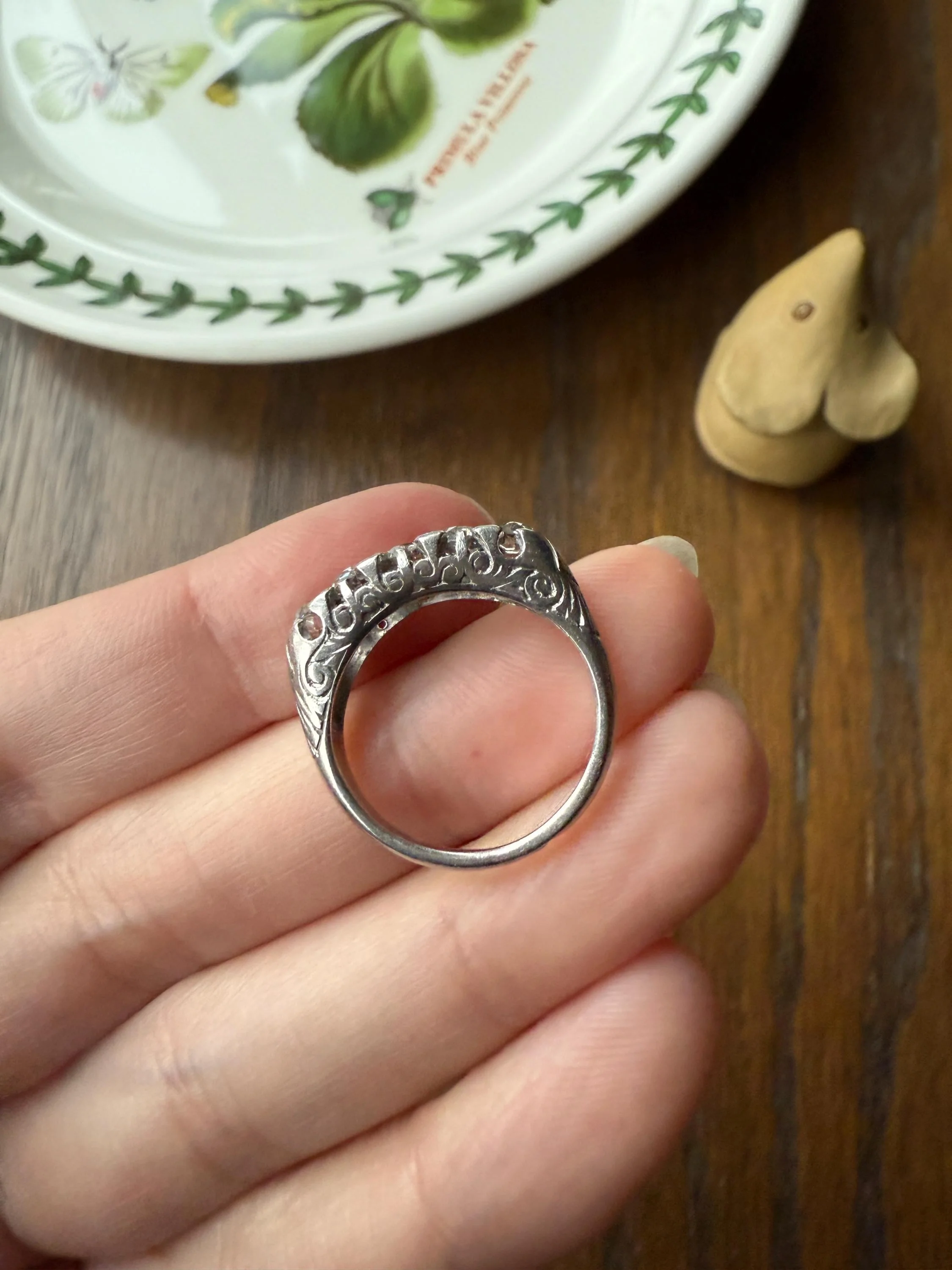 Antique One Carat Old Mine Cut DIAMOND 5 Five Stone Band Ring Platinum Rose Cut Spacers Gemset Prongs Scrolled French Edwardian - Image 19
