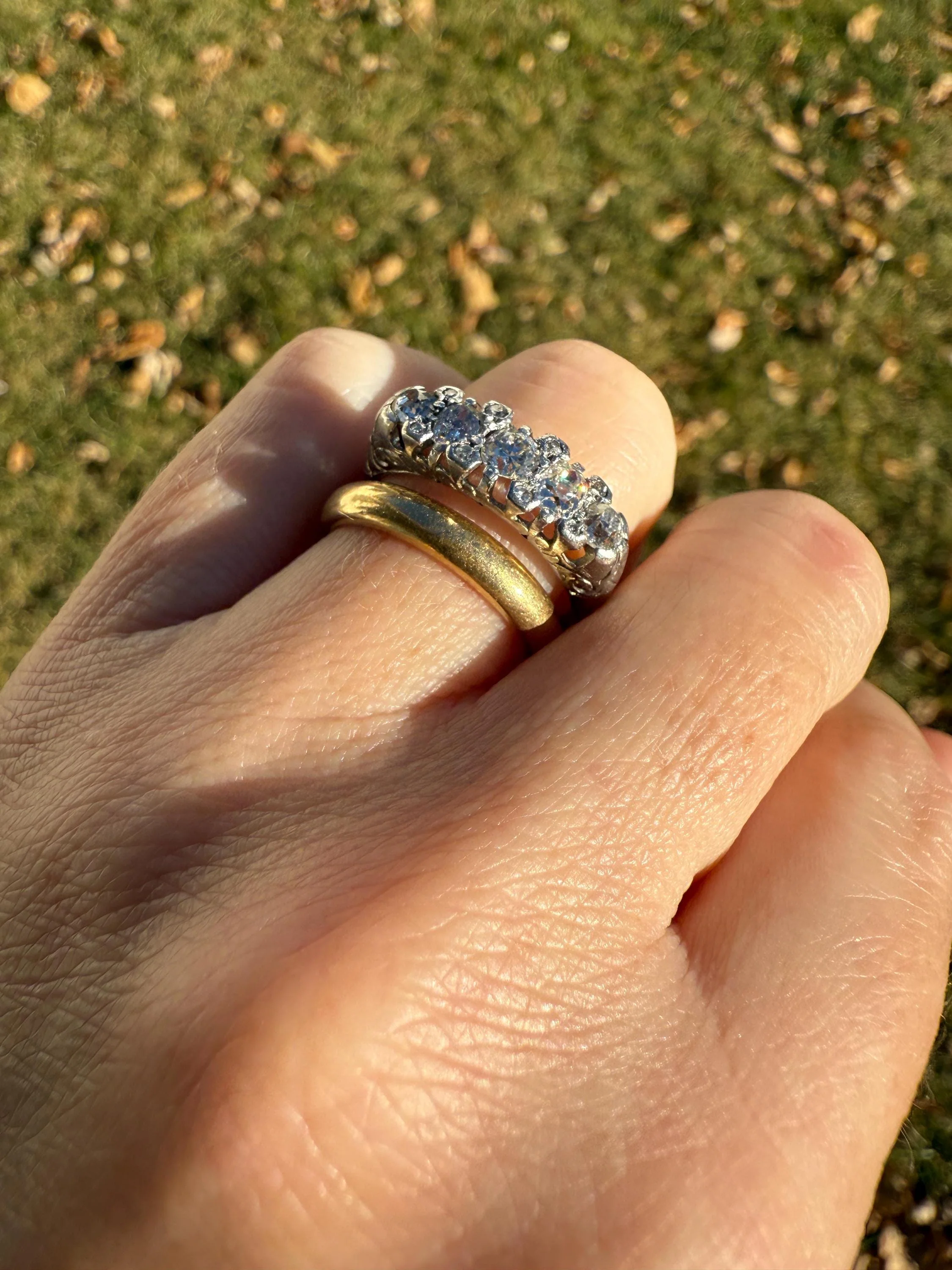 Antique One Carat Old Mine Cut DIAMOND 5 Five Stone Band Ring Platinum Rose Cut Spacers Gemset Prongs Scrolled French Edwardian - Image 2
