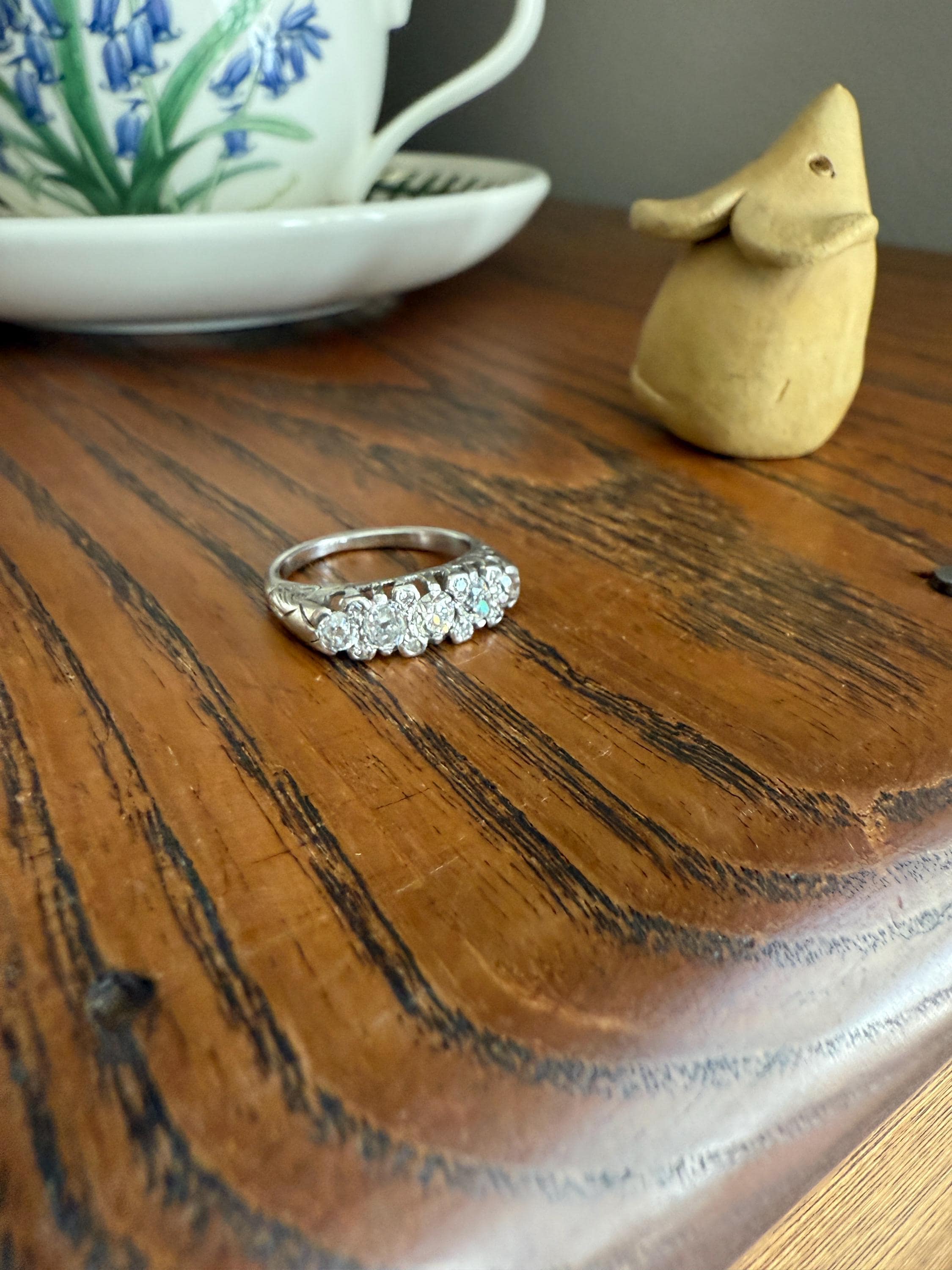 Antique One Carat Old Mine Cut DIAMOND 5 Five Stone Band Ring Platinum Rose Cut Spacers Gemset Prongs Scrolled French Edwardian - Image 5