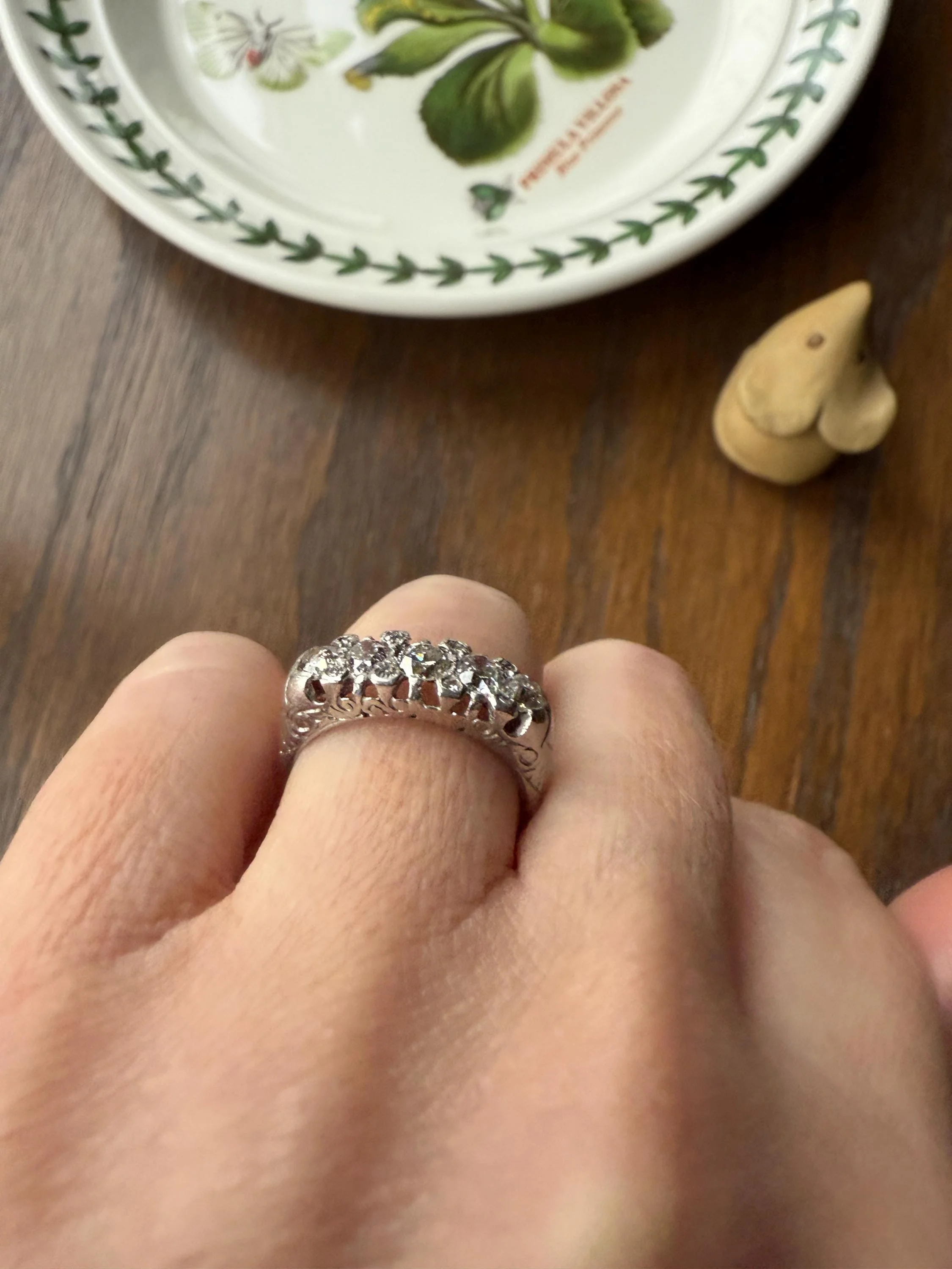 Antique One Carat Old Mine Cut DIAMOND 5 Five Stone Band Ring Platinum Rose Cut Spacers Gemset Prongs Scrolled French Edwardian - Image 6