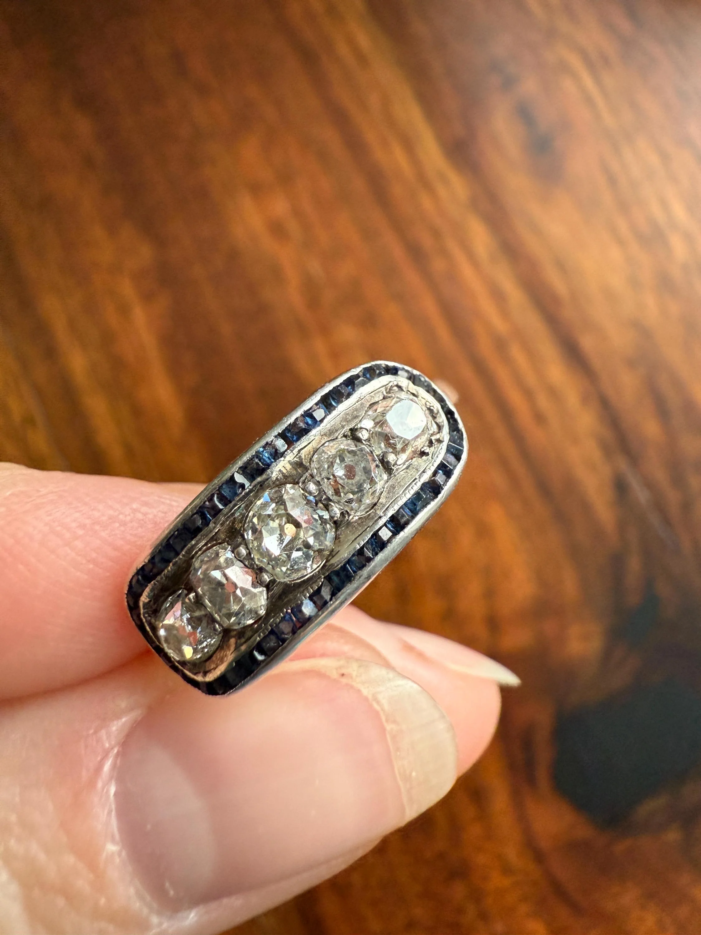 Antique One CARAT Old Mine Cut DiAMOND Five Stone Sapphire East West HALO Ring Carre Square Cut Stacker Band 14k Gold - Image 12