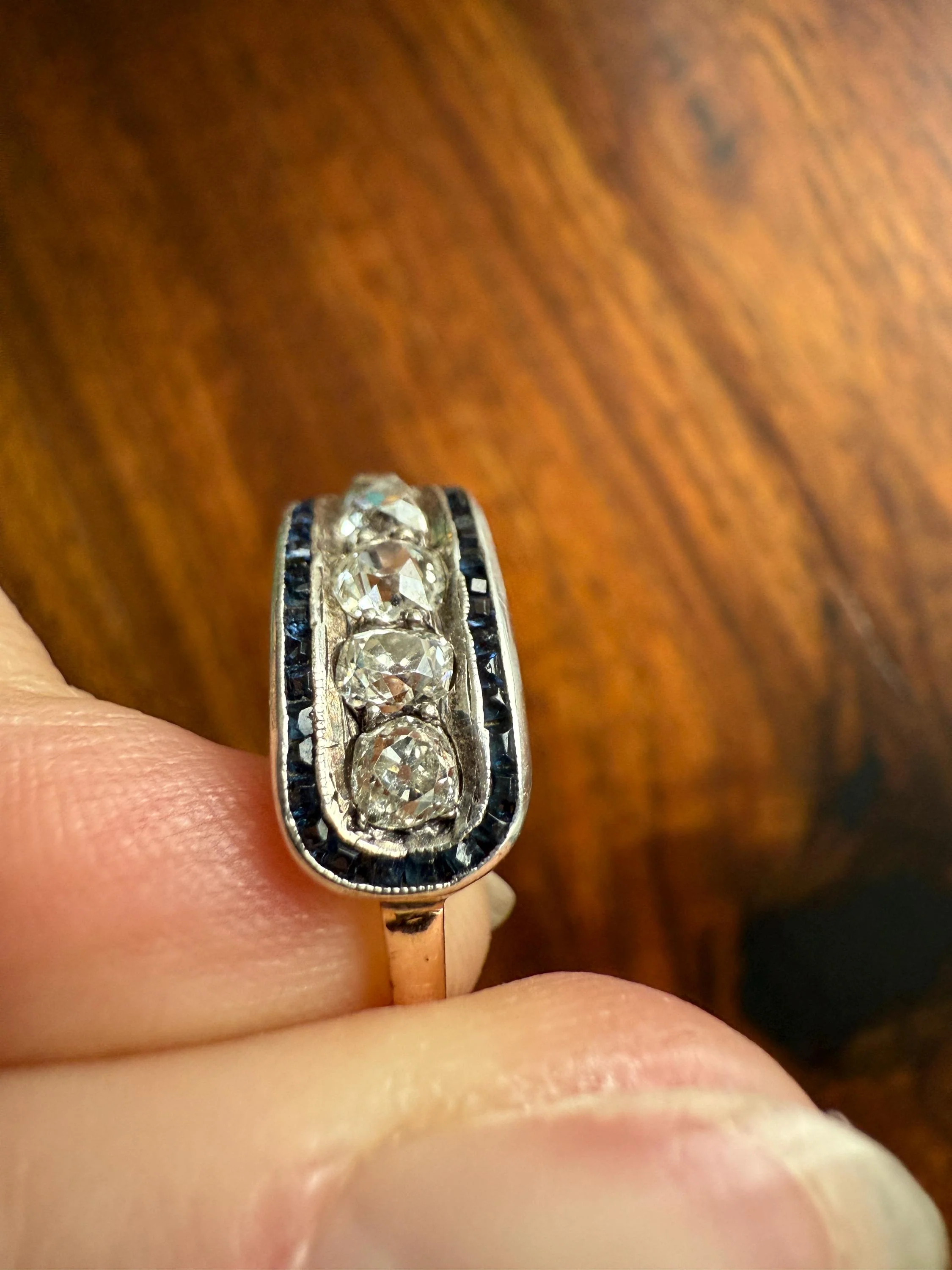 Antique One CARAT Old Mine Cut DiAMOND Five Stone Sapphire East West HALO Ring Carre Square Cut Stacker Band 14k Gold - Image 15