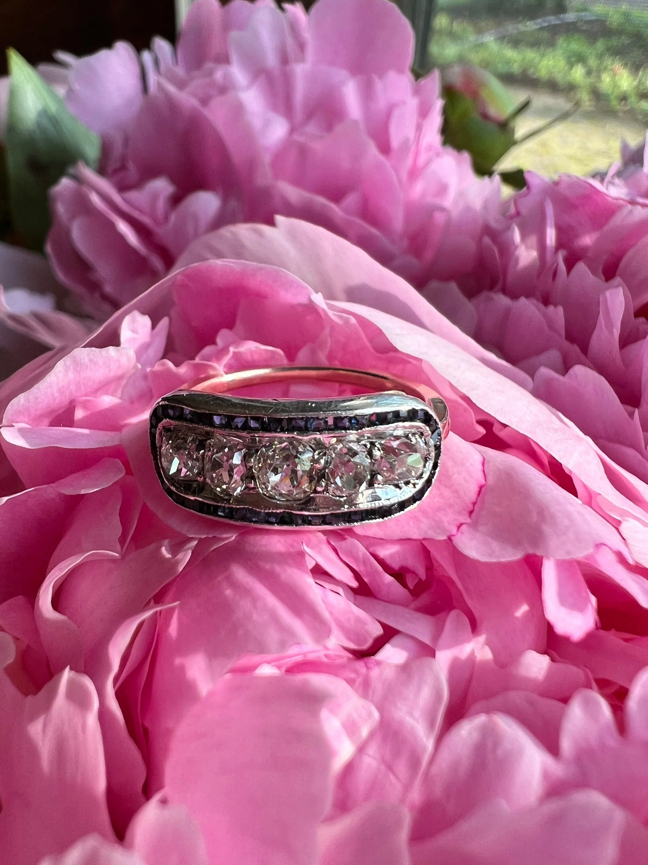 Antique One CARAT Old Mine Cut DiAMOND Five Stone Sapphire East West HALO Ring Carre Square Cut Stacker Band 14k Gold - Image 16