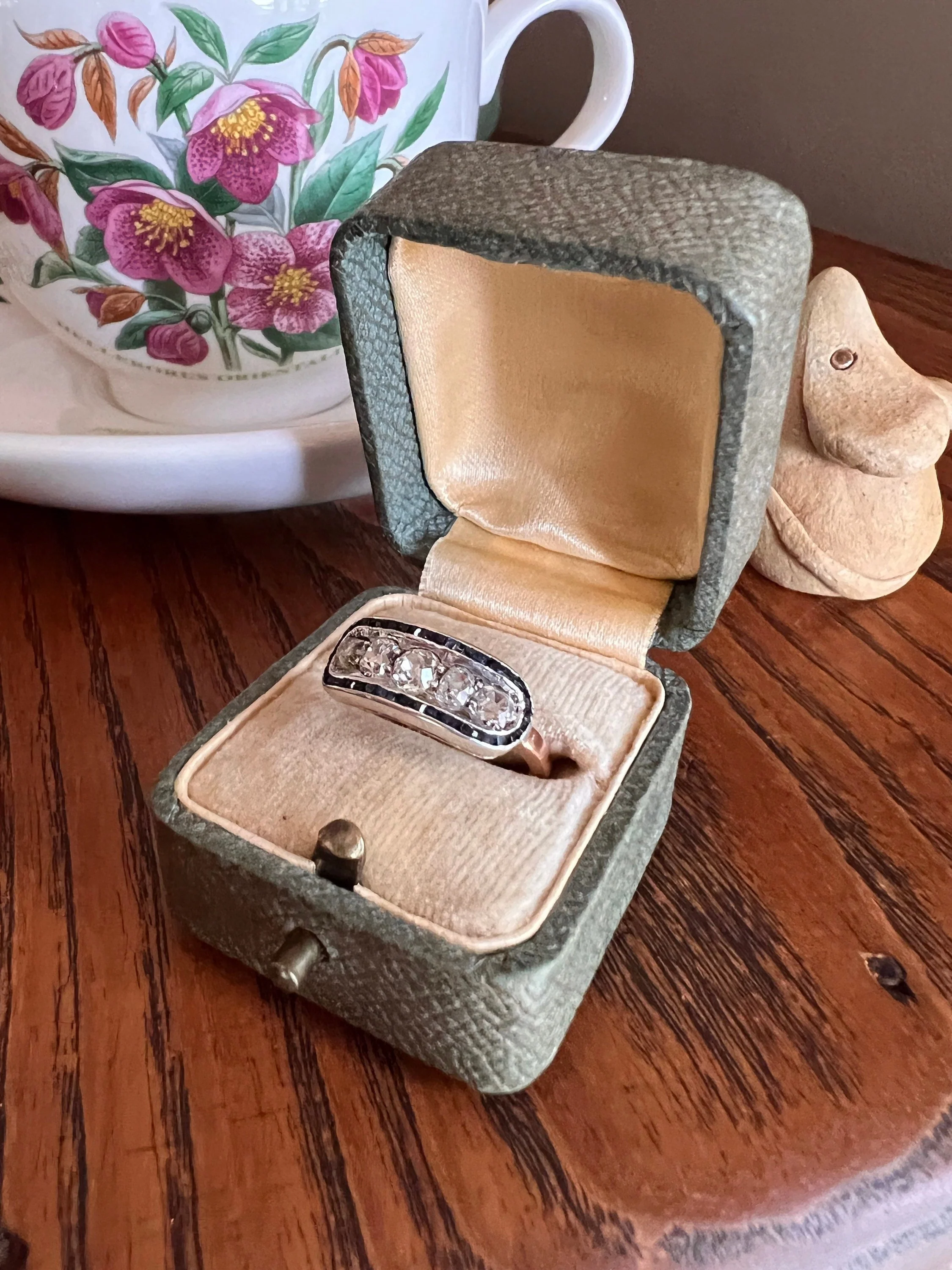 Antique One CARAT Old Mine Cut DiAMOND Five Stone Sapphire East West HALO Ring Carre Square Cut Stacker Band 14k Gold - Image 2
