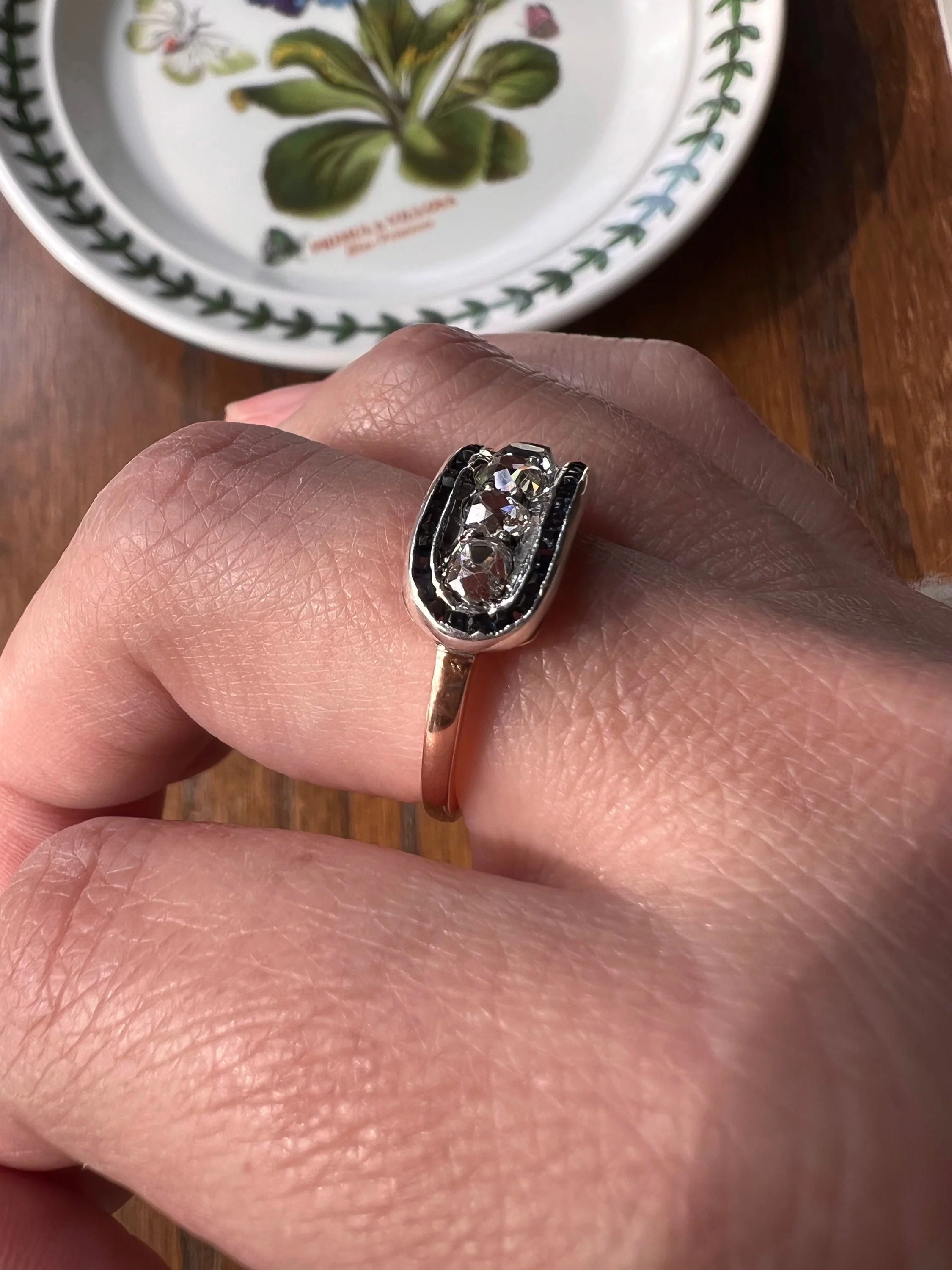 Antique One CARAT Old Mine Cut DiAMOND Five Stone Sapphire East West HALO Ring Carre Square Cut Stacker Band 14k Gold - Image 3