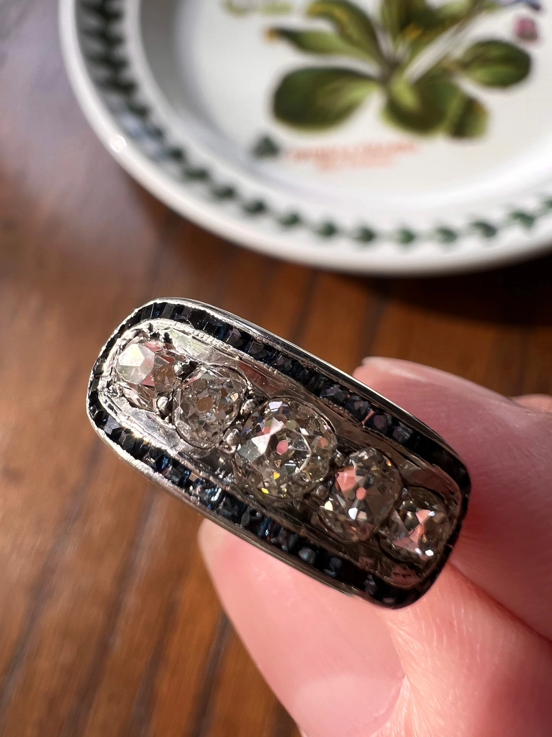 Antique One CARAT Old Mine Cut DiAMOND Five Stone Sapphire East West HALO Ring Carre Square Cut Stacker Band 14k Gold - Image 4