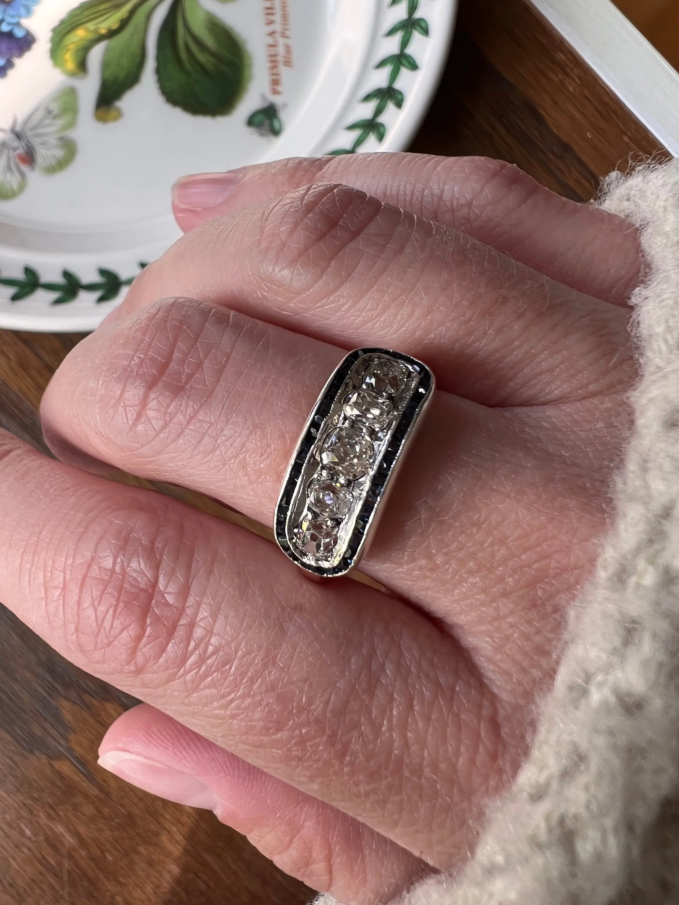 Antique One CARAT Old Mine Cut DiAMOND Five Stone Sapphire East West HALO Ring Carre Square Cut Stacker Band 14k Gold - Image 5