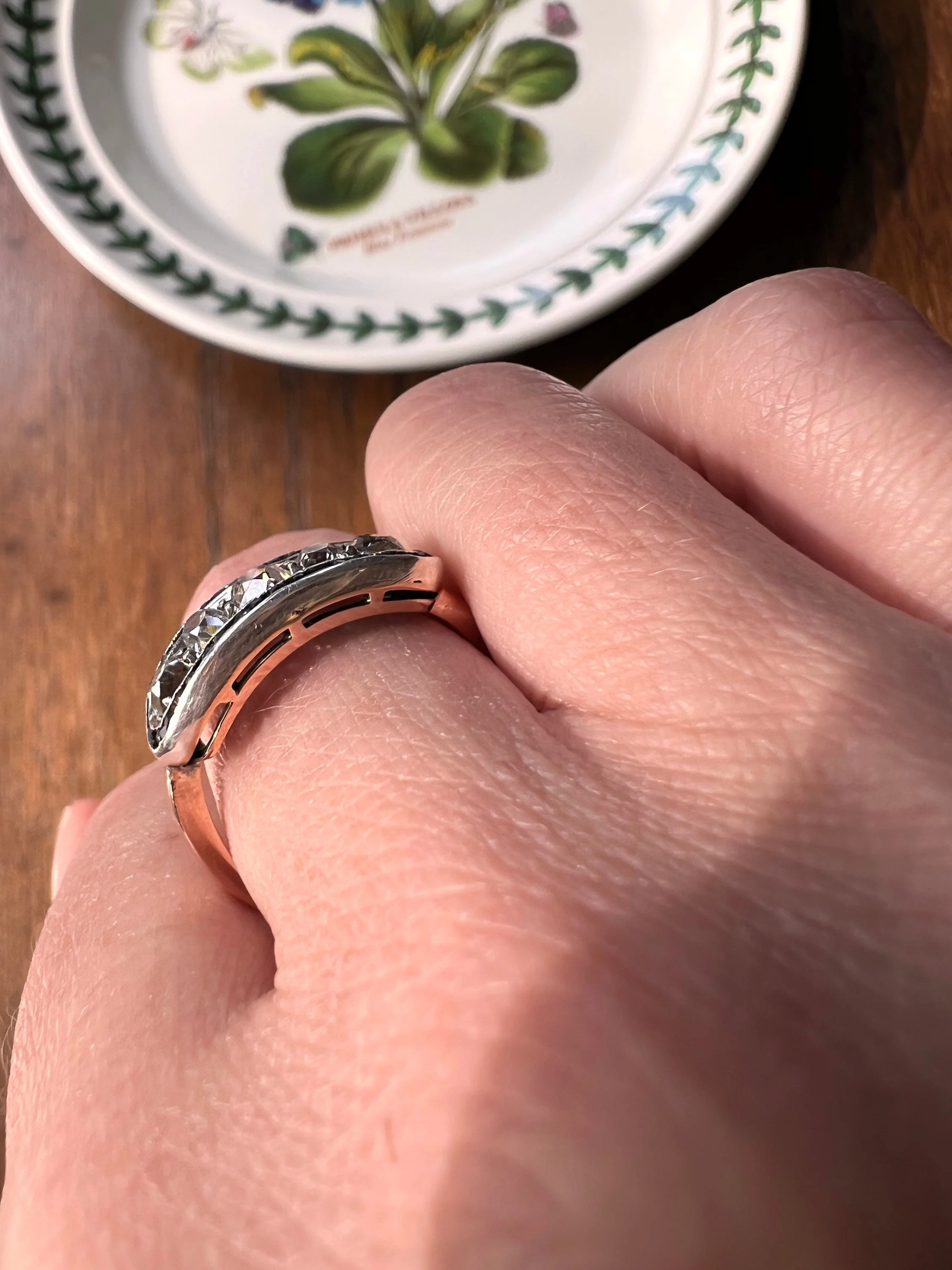 Antique One CARAT Old Mine Cut DiAMOND Five Stone Sapphire East West HALO Ring Carre Square Cut Stacker Band 14k Gold - Image 7