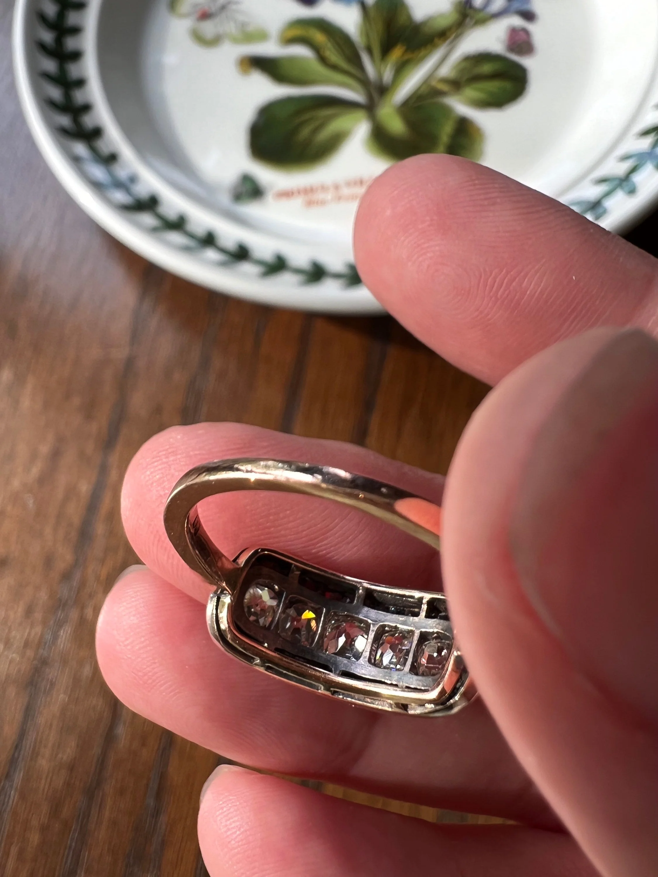 Antique One CARAT Old Mine Cut DiAMOND Five Stone Sapphire East West HALO Ring Carre Square Cut Stacker Band 14k Gold - Image 9